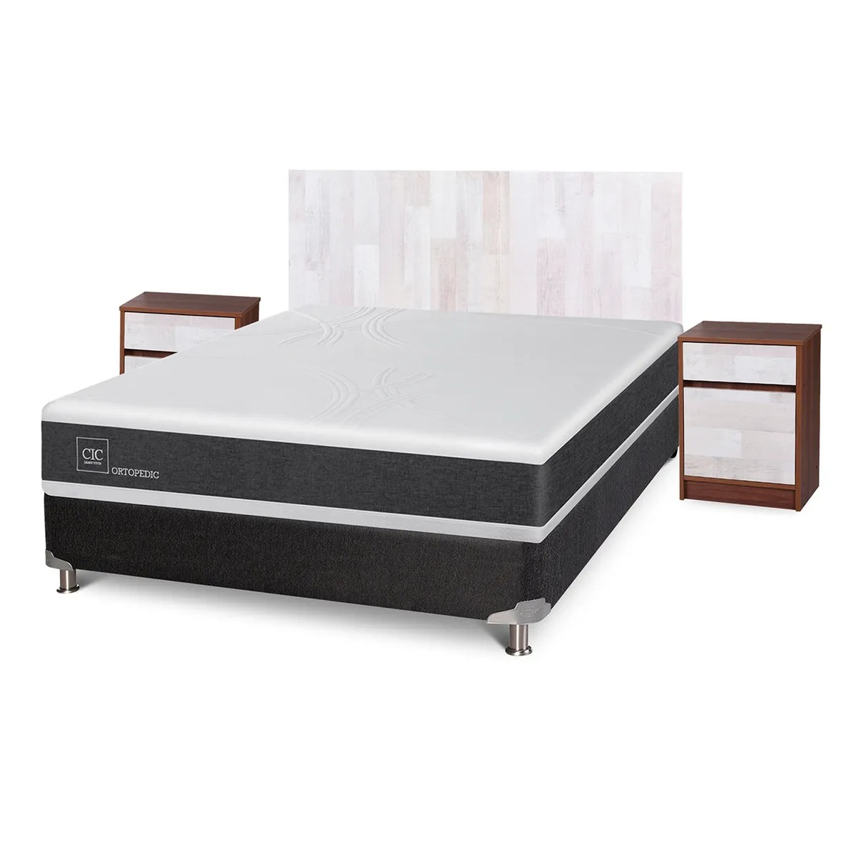 Box Spring Ortopedic 2 Plazas x 2.00mt Base normal + Respaldo + 2 Veladores Cic
