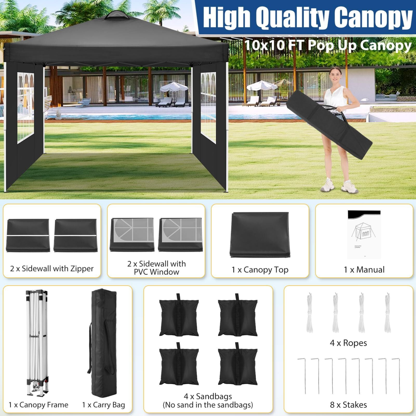 Carpa plegable impermeable de 10 x 10 con 4 paredes laterales para eventos al aire libre