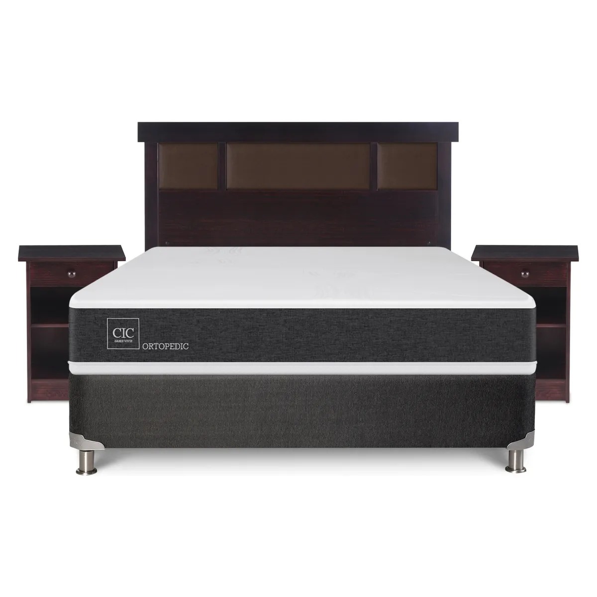 Box Spring Ortopedic 2 Plazas x 2.00mt Base normal + Respaldo + 2 Veladores Cic