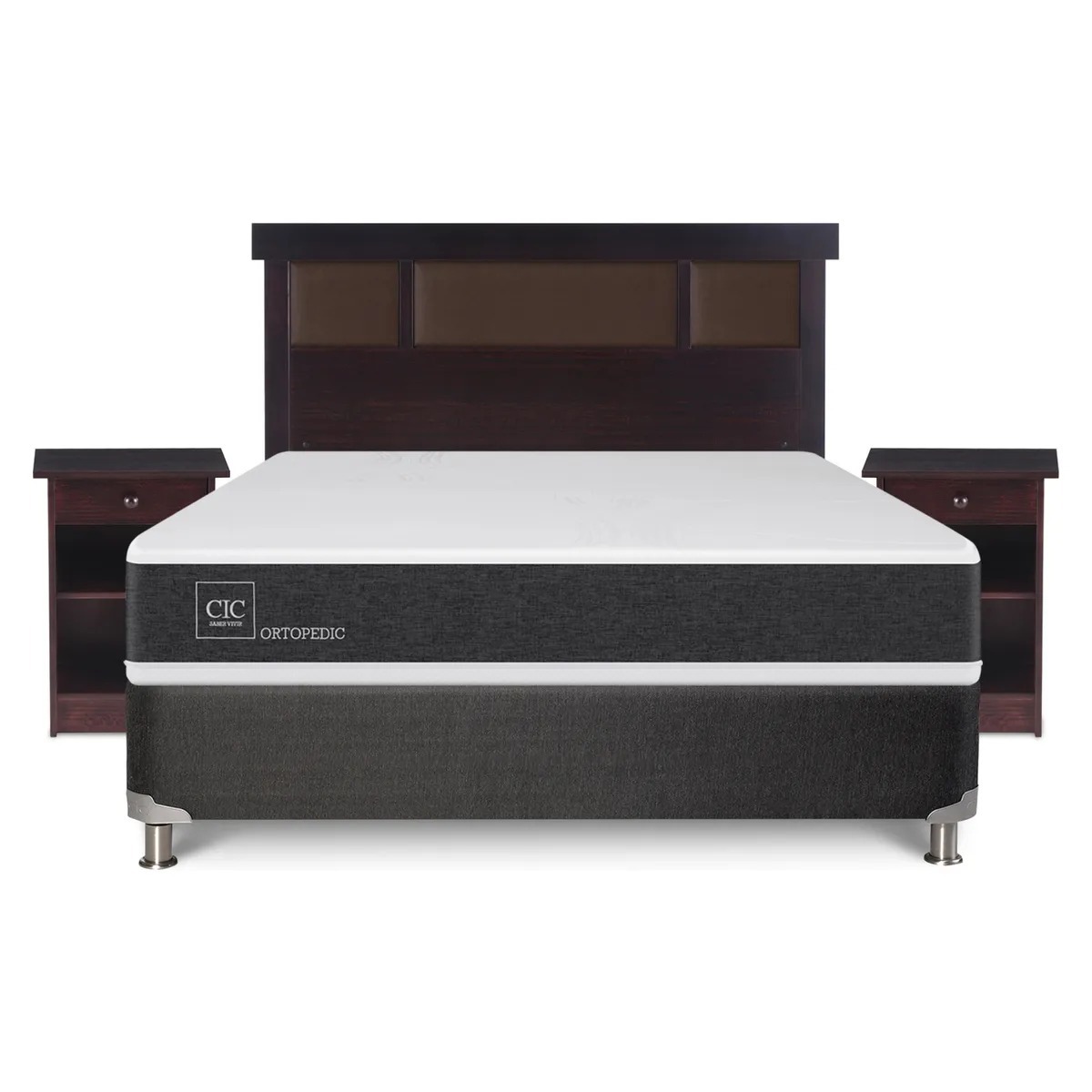 Box Spring Ortopedic 2 Plazas x 2.00mt Base normal + Respaldo + 2 Veladores Cic
