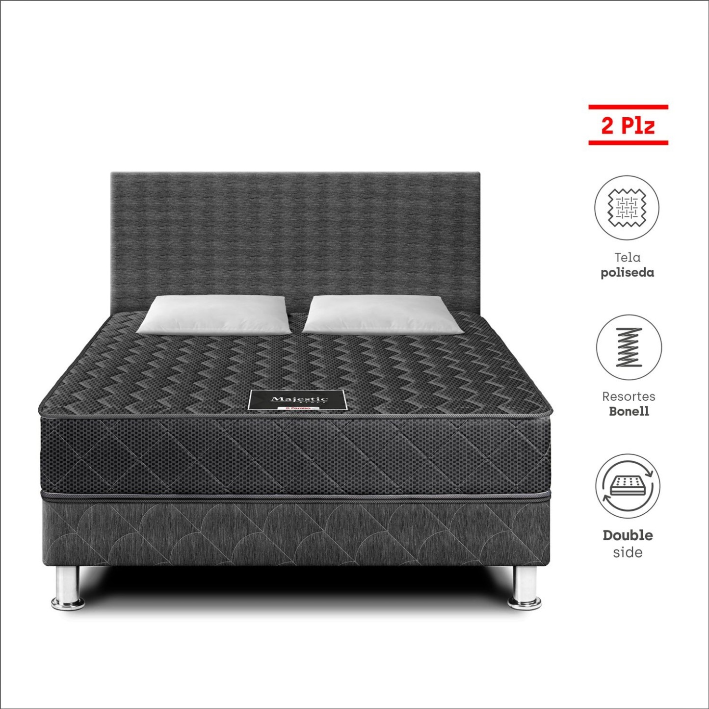 Dormitorio Majestic Black 2 Plazas + 2 almohadas + Protector
