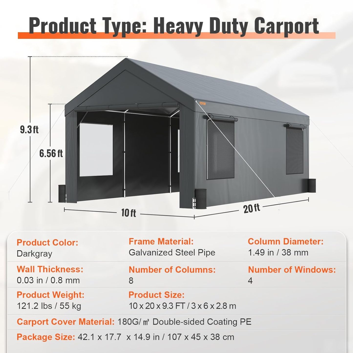 Carport - Toldo de Acero Resistente de 10 x 20 pies, cochera portátil con 4 Bolsas de Arena, Ventanas ventiladas enrollables y Pared Lateral extraíble, Lona para Todas Las Estaciones para