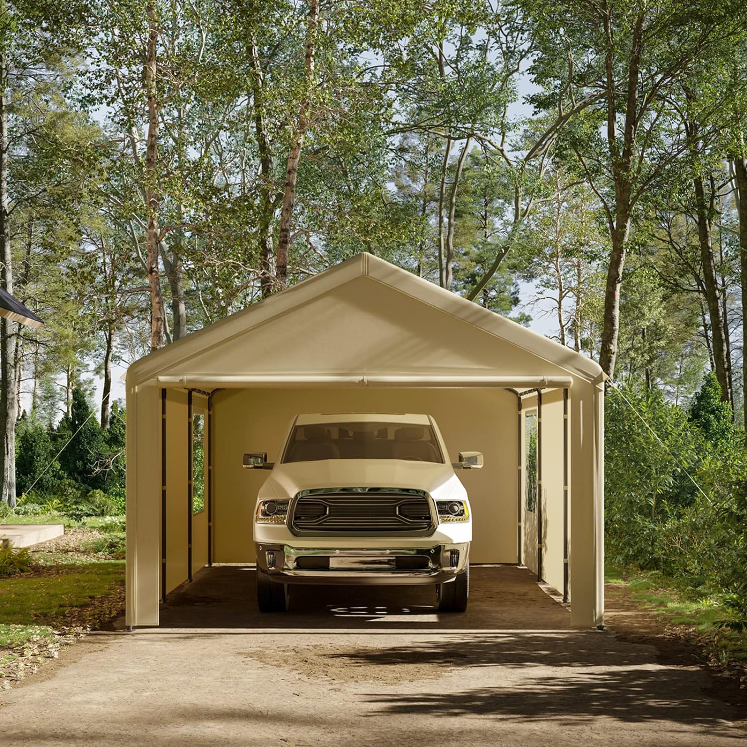 Gardesol Carport, 12'x20' extra grande y resistente con ventanas enrollables ventiladas, garaje portátil con paredes laterales y puertas extraíbles para coche, camión, SUV, toldo para coche con lona para todas las estaciones, color beige