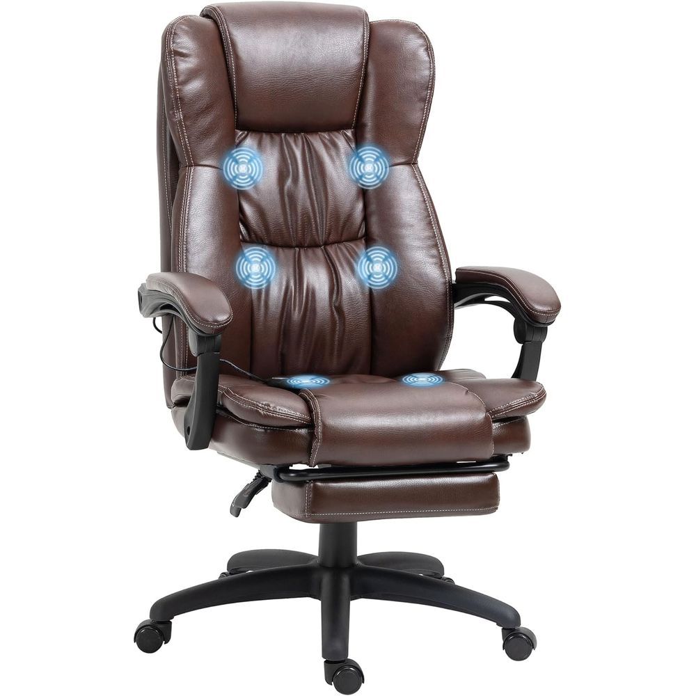 Silla de oficina de masaje de respaldo alto en color marrón, con vibración de 6 puntos y respaldo reclinable.
