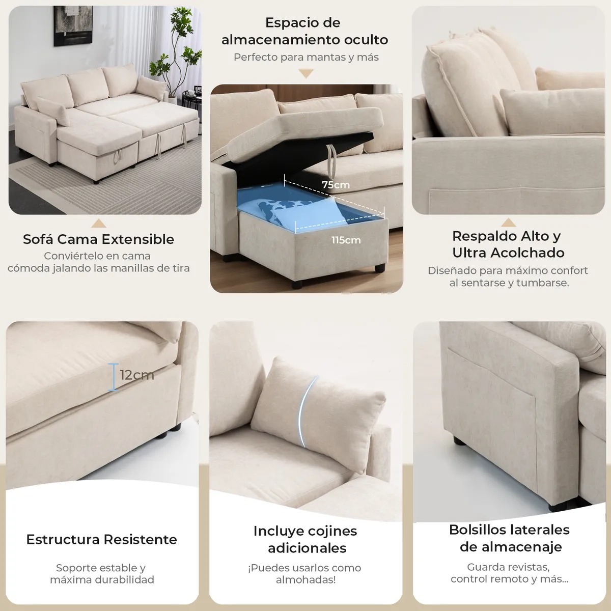 Sofá Cama Leticia Seccionals con Almacenamiento Oculto - Beige