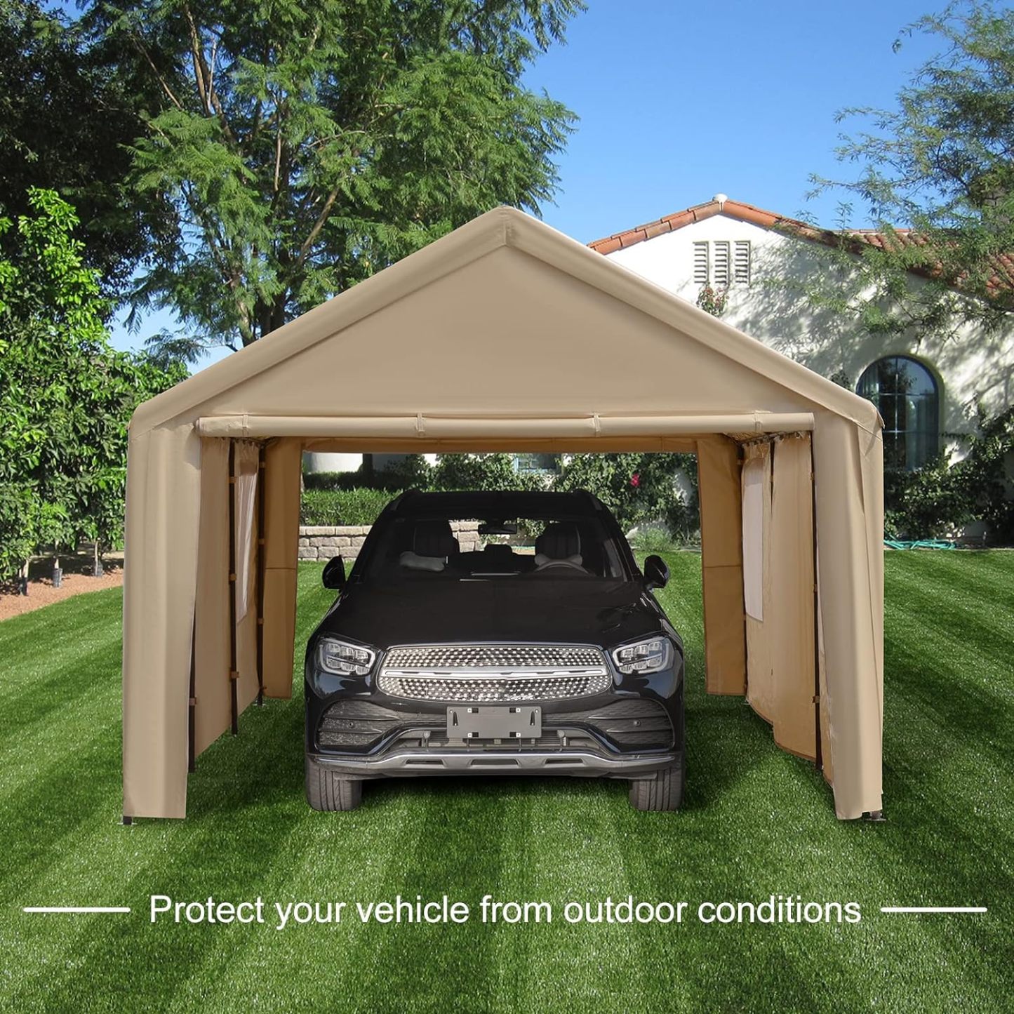 Gardesol Carport, 12'x20' extra grande y resistente con ventanas enrollables ventiladas, garaje portátil con paredes laterales y puertas extraíbles para coche, camión, SUV, toldo para coche con lona para todas las estaciones, color beige