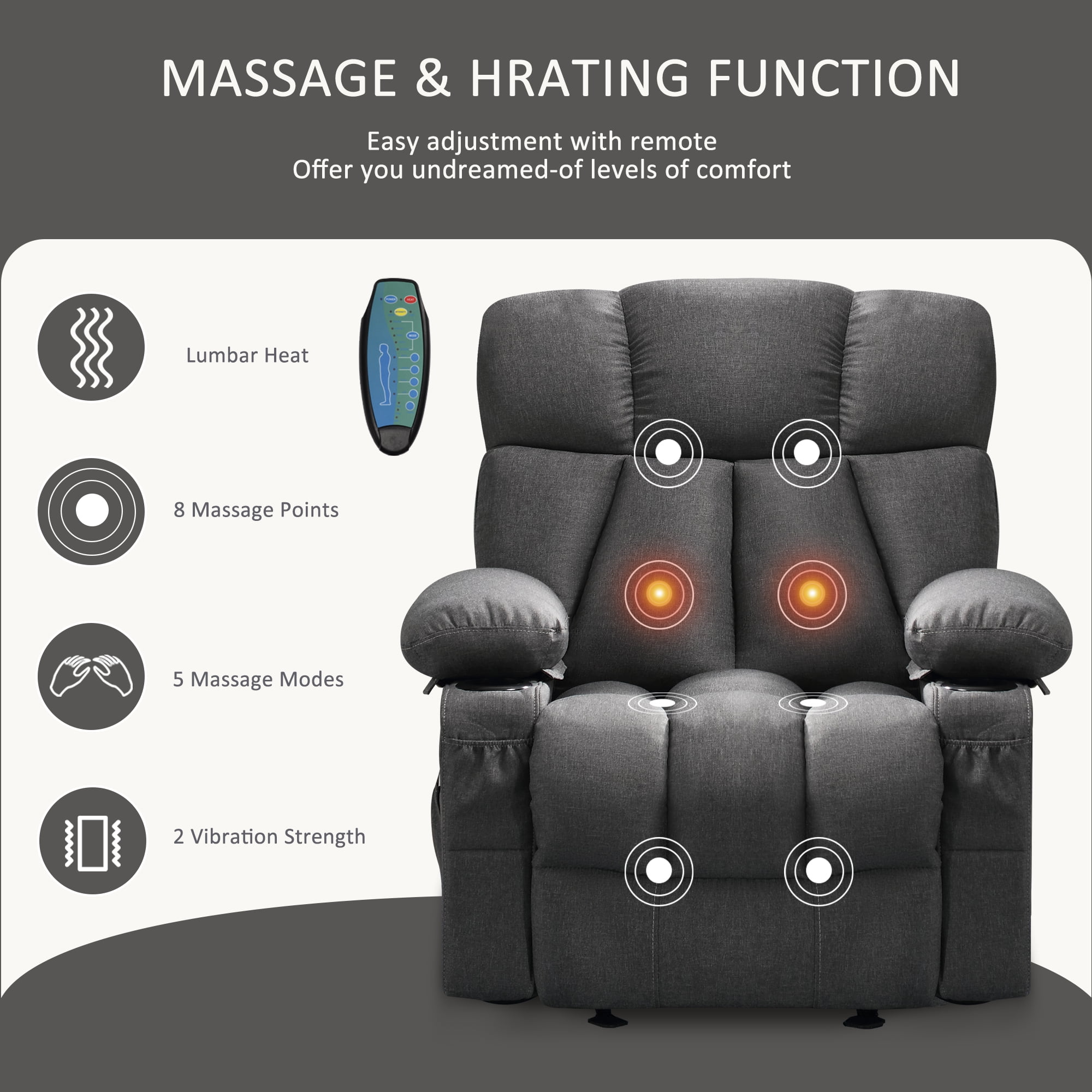 Sillón reclinable manual con terapia de calor y función de masaje, sillón de masaje con mecanismo reclinable de alta resistencia