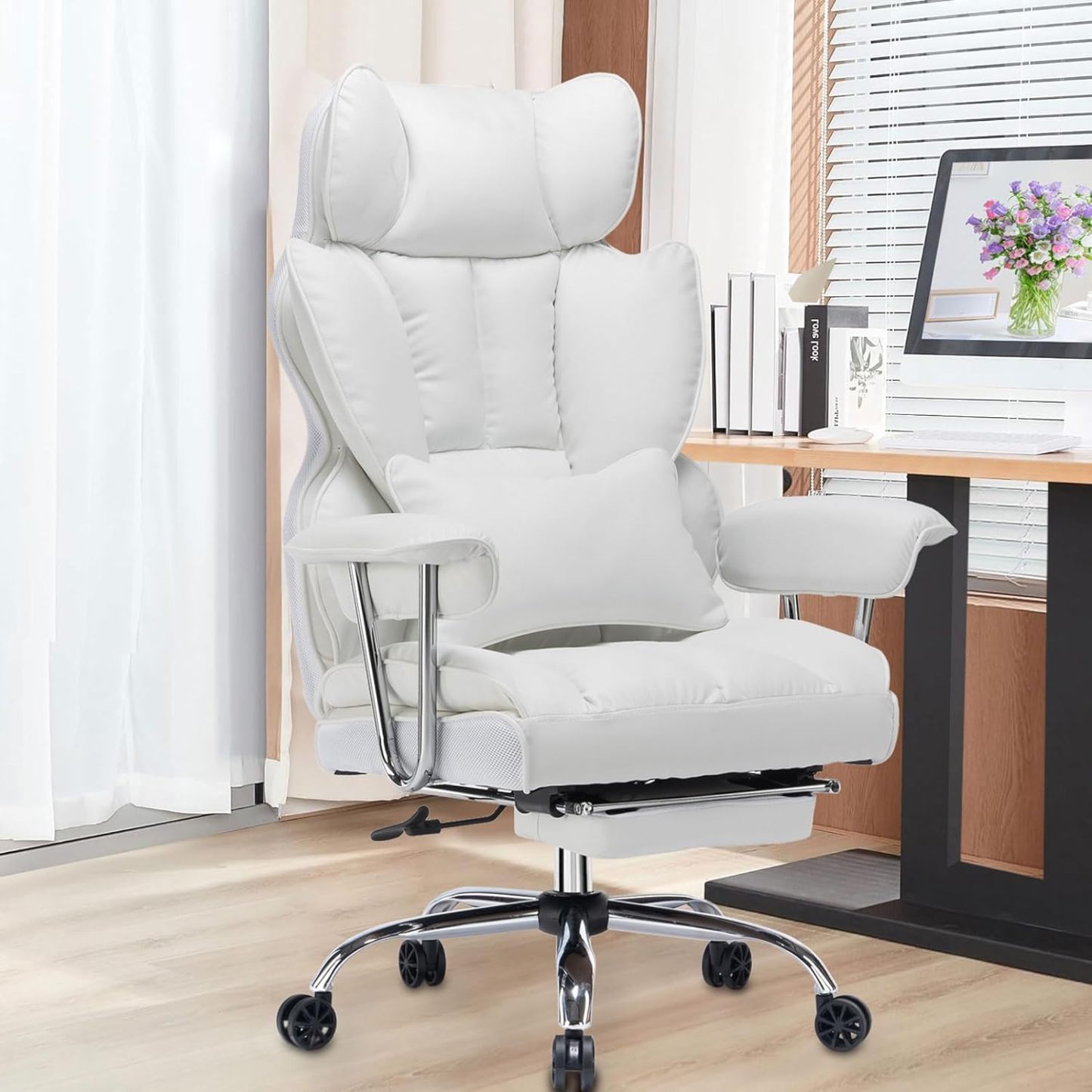 Silla de oficina alta, silla de computadora de cuero PU, silla ejecutiva con reposapiernas y soporte lumbar