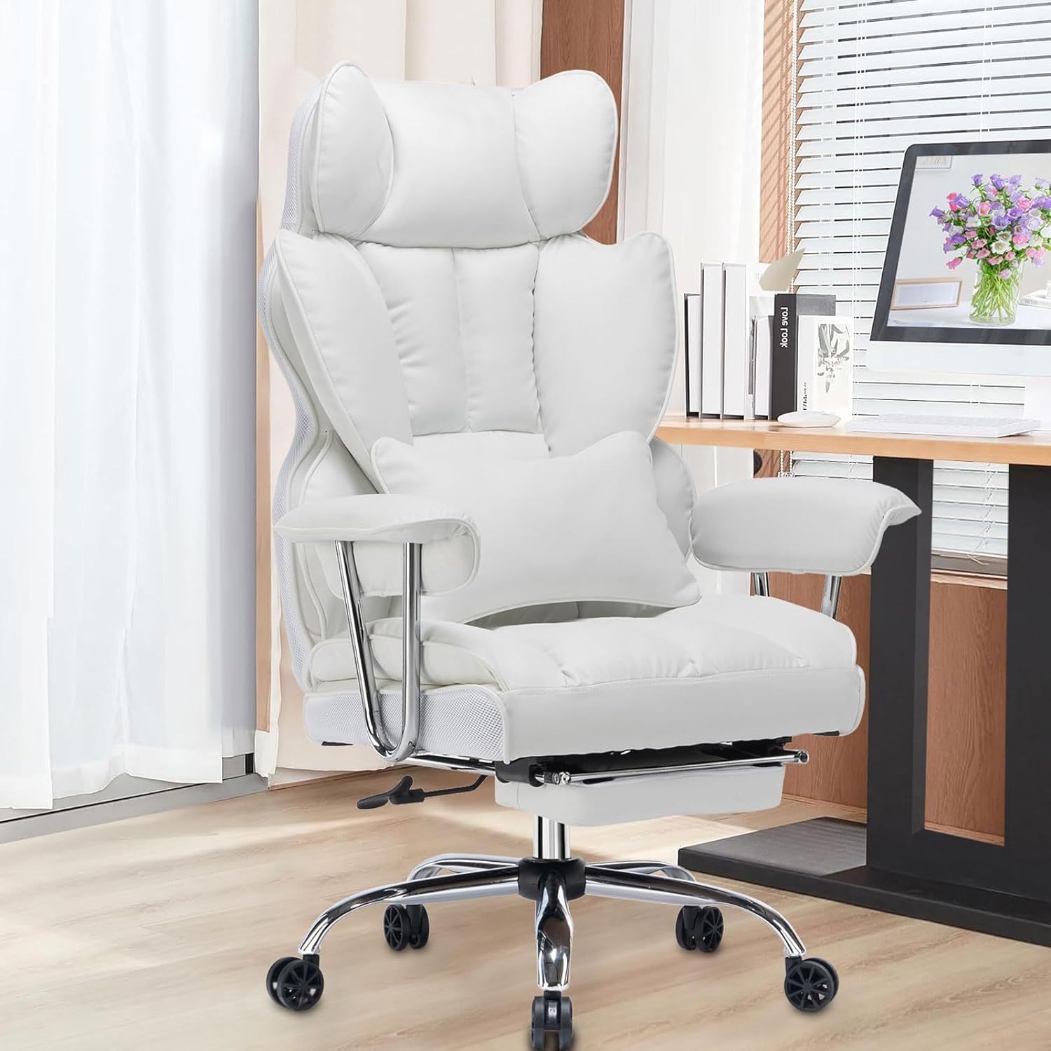 Silla de oficina alta, silla de computadora de cuero PU, silla ejecutiva con reposapiernas y soporte lumbar