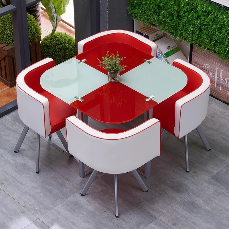 Juego de mesa y sillas de comedor de vidrio de 4 piezas para comedor de cocina pequeño. Mesa cuadrada contemporánea de vidrio templado de 5 piezas y 4 sillas.