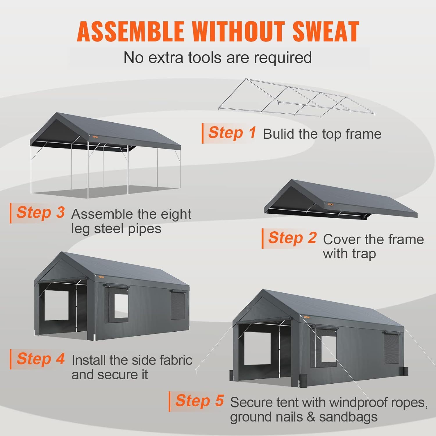 Carport - Toldo de Acero Resistente de 10 x 20 pies, cochera portátil con 4 Bolsas de Arena, Ventanas ventiladas enrollables y Pared Lateral extraíble, Lona para Todas Las Estaciones para