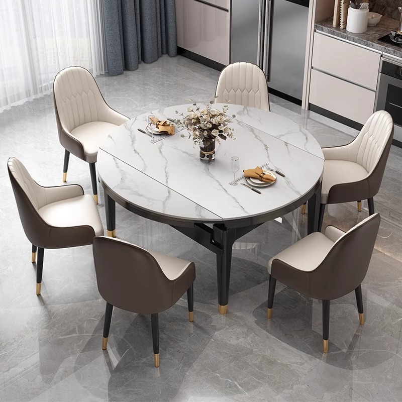 Luxury Modern Extendable Foldable Round Marble Solid Wood Dining Table Chair Set 4 6 8 Seater Classic Kitchen Furniture Designs