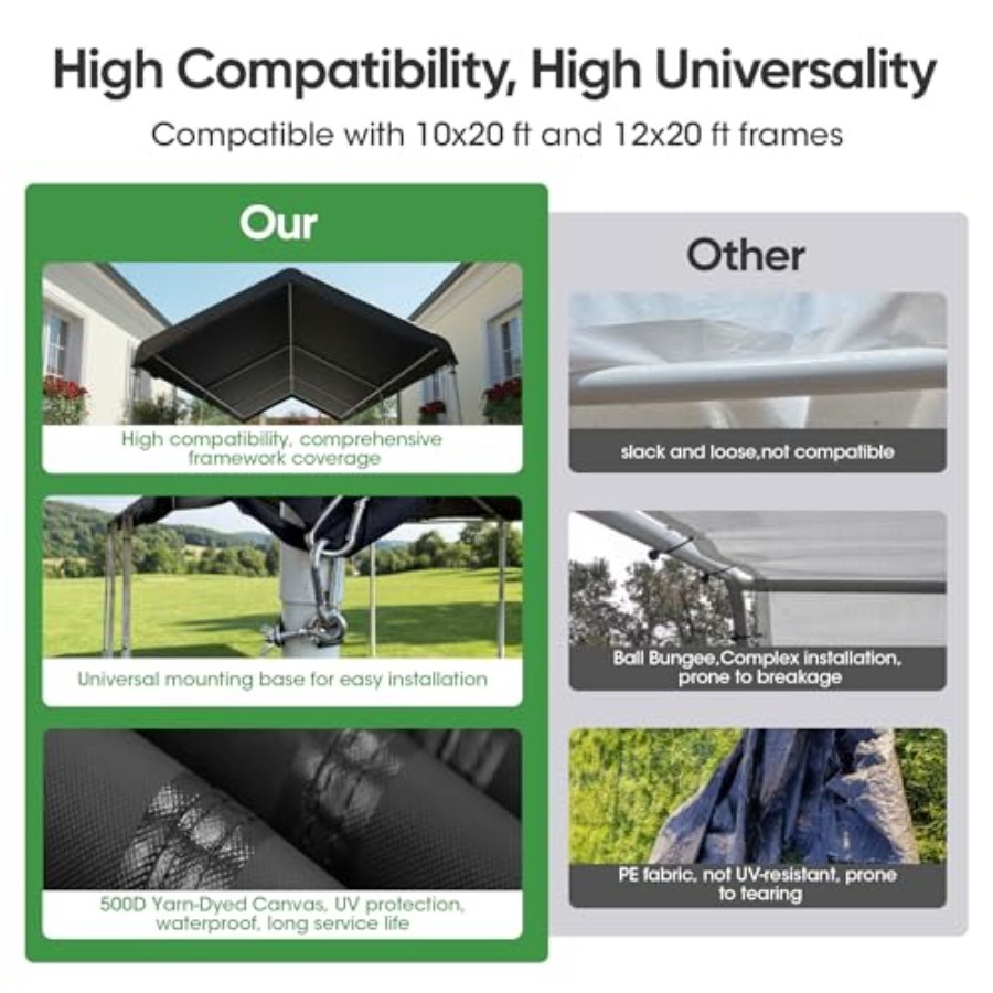 Carport canopy cover for outdoor vehicle shelter 500D black polyester waterproof and UV-resistant easy setup includes sidewall
