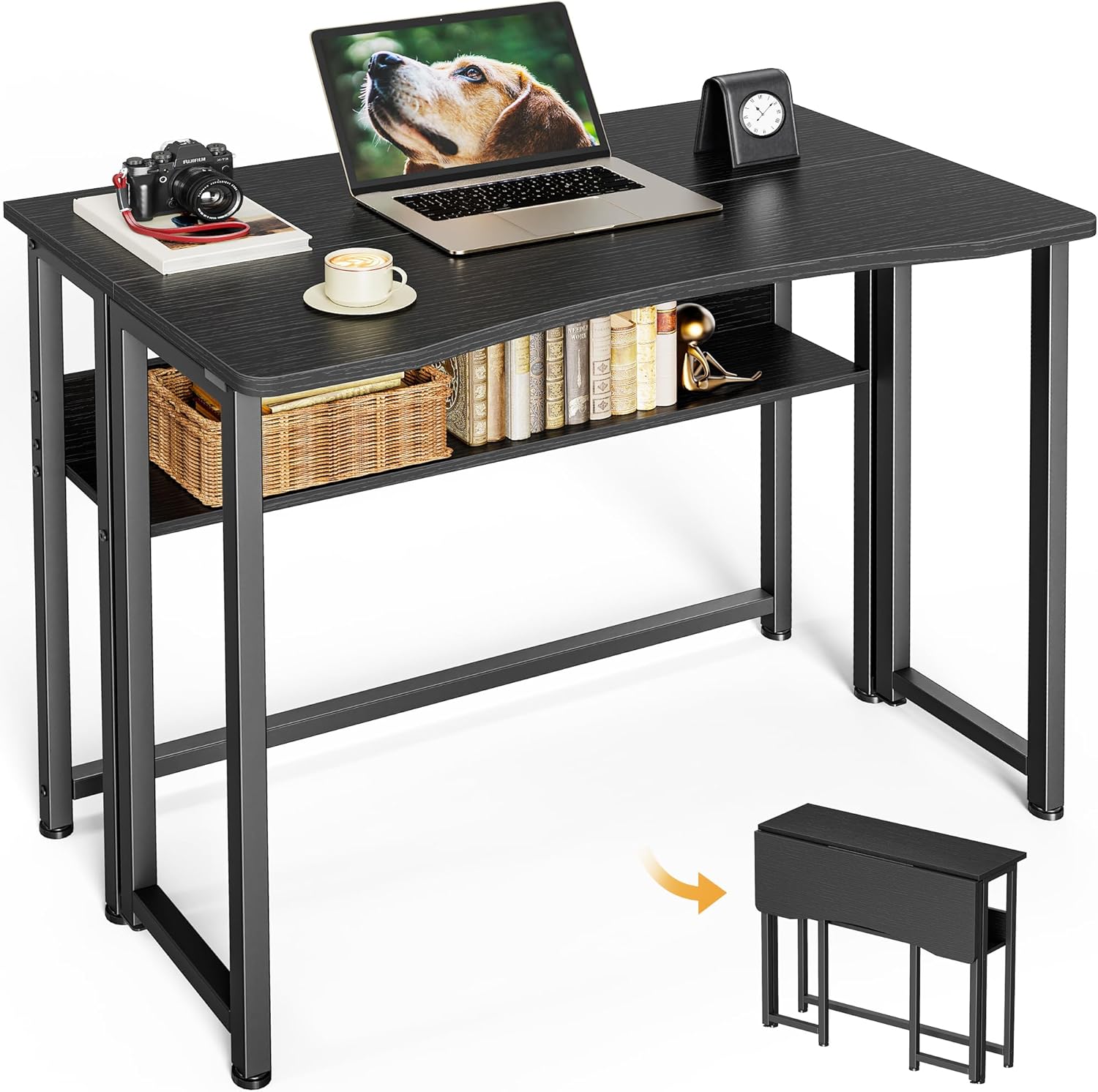 Escritorio plegable para computadora de 31.5 pulgadas con estante de almacenamiento, ahorra espacio para espacios pequeños, negro.