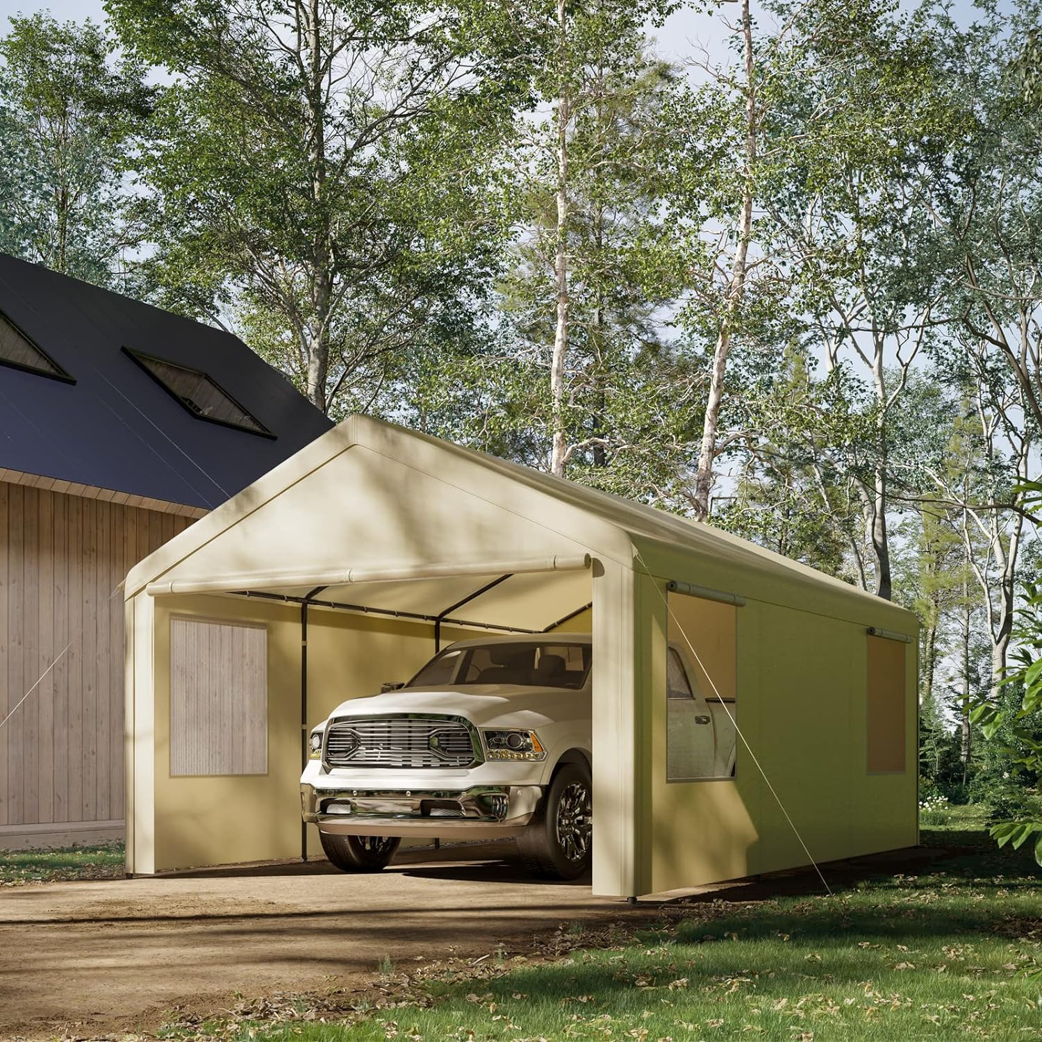 Gardesol Carport, 12'x20' extra grande y resistente con ventanas enrollables ventiladas, garaje portátil con paredes laterales y puertas extraíbles para coche, camión, SUV, toldo para coche con lona para todas las estaciones, color beige