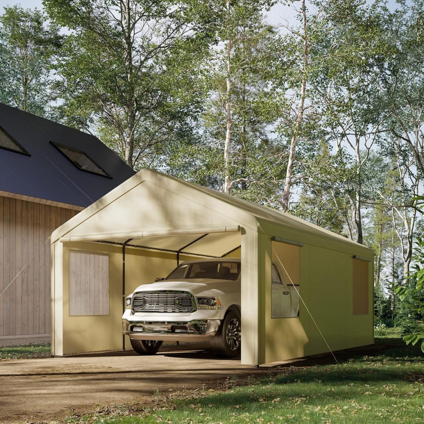 Gardesol Carport, 12'x20' extra grande y resistente con ventanas enrollables ventiladas, garaje portátil con paredes laterales y puertas extraíbles para coche, camión, SUV, toldo para coche con lona para todas las estaciones, color beige