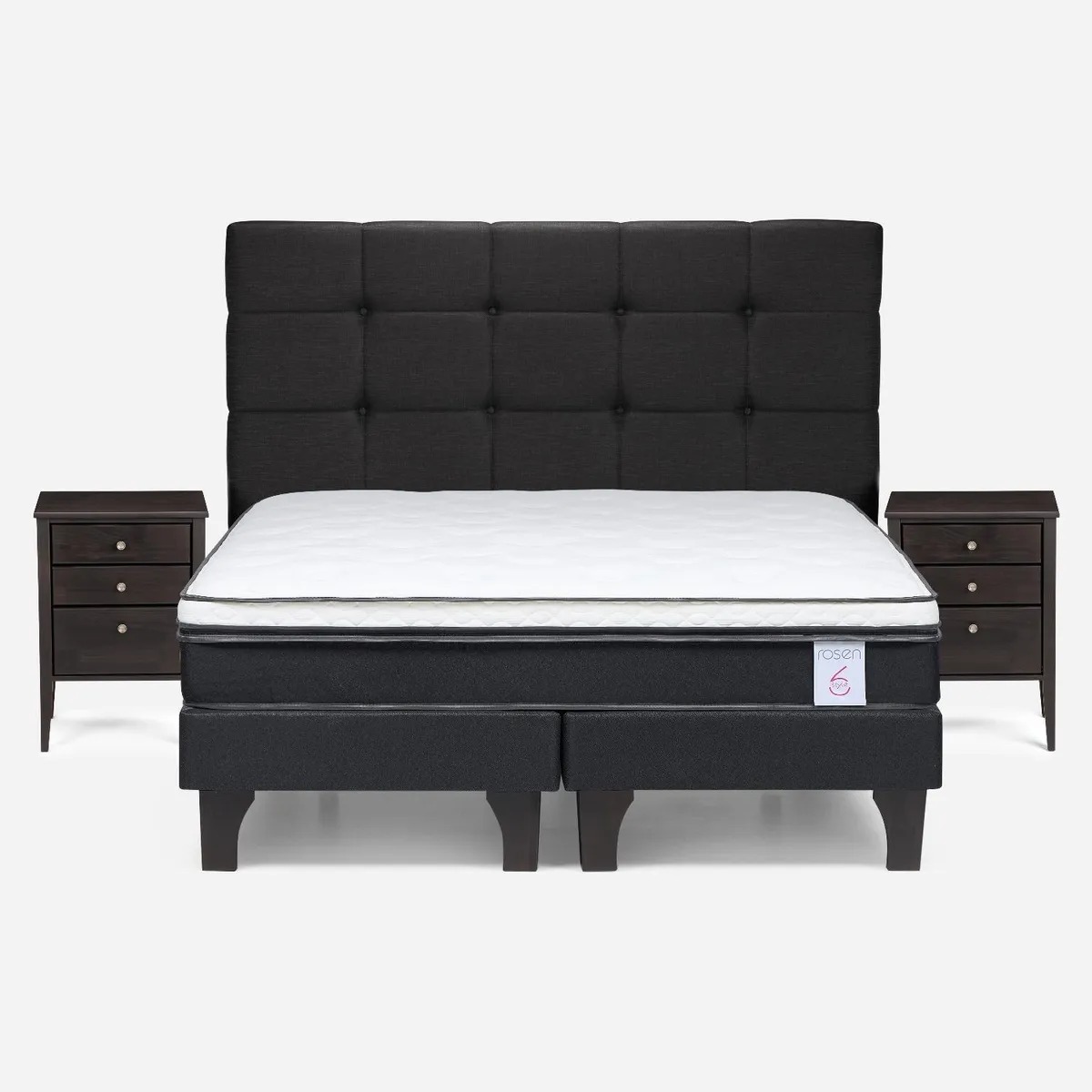 Cama Europea New Style 6 2 Plazas x 2.00 mt Base Dividida + Respaldo + 2 Veladores Rosen