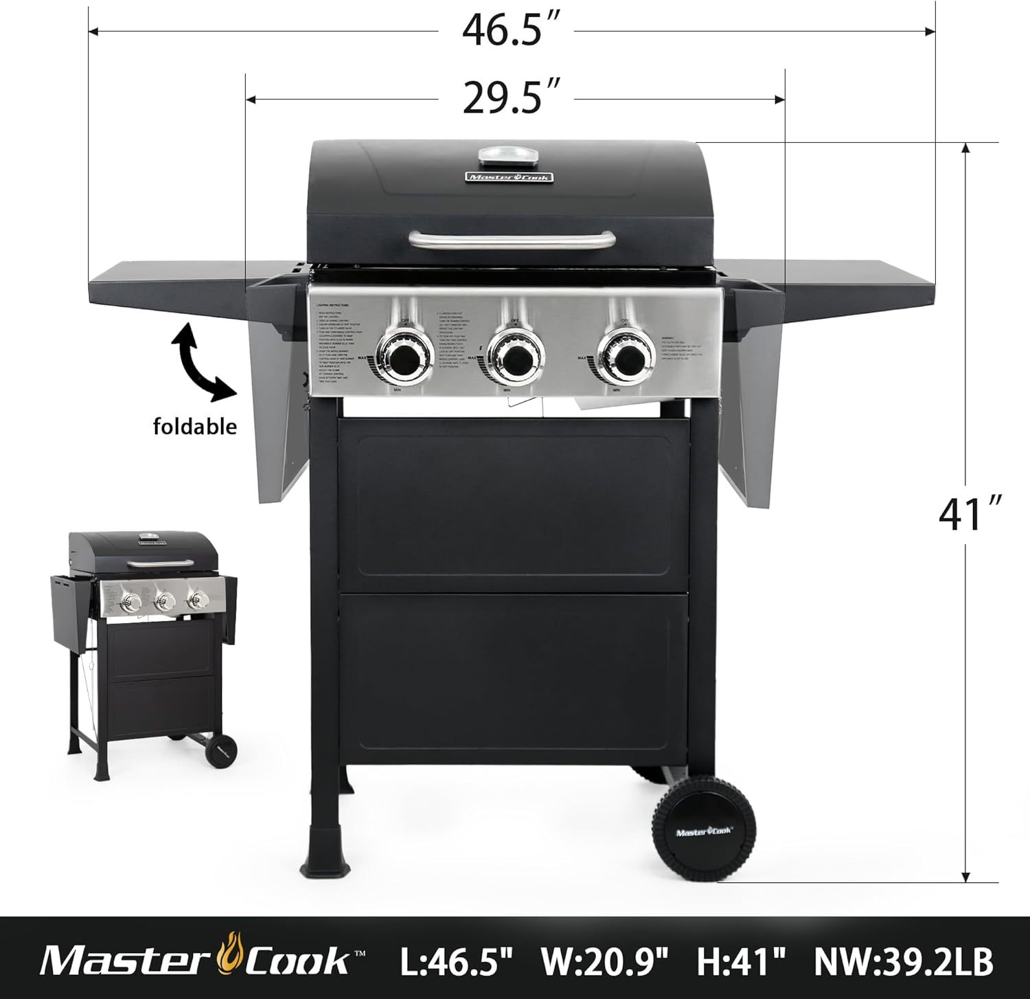 Parrilla de gas propano de 3 quemadores, acero inoxidable, 30,000 BTU, para patio, con estantes plegables