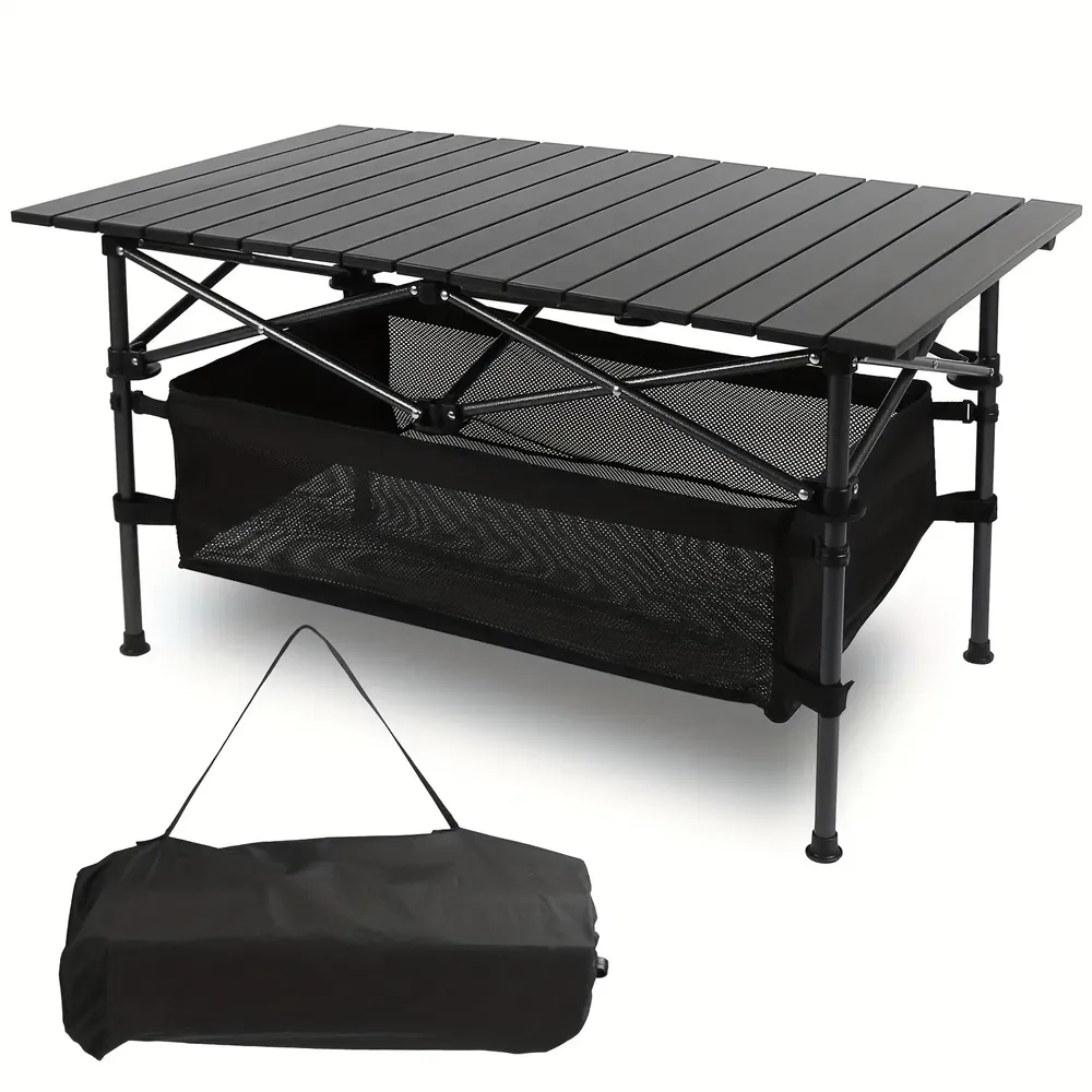 Mesa de playa enrollable ultracompacta, portátil y liviana con amplio espacio de almacenamiento y bolsa de transporte, ideal para acampar, hacer picnics y viajar.