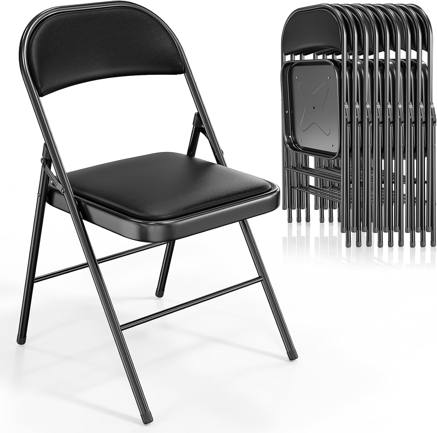 Paquete de 10 sillas plegables con asientos acolchados, estructura de metal con asiento y respaldo de cuero sintético, capacidad de 159 kg, color negro