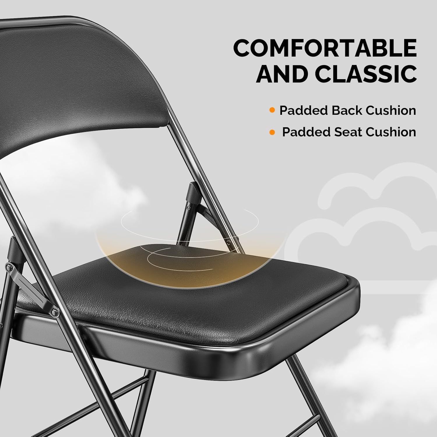 Paquete de 10 sillas plegables con asientos acolchados, estructura de metal con asiento y respaldo de cuero sintético, capacidad de 159 kg, color negro