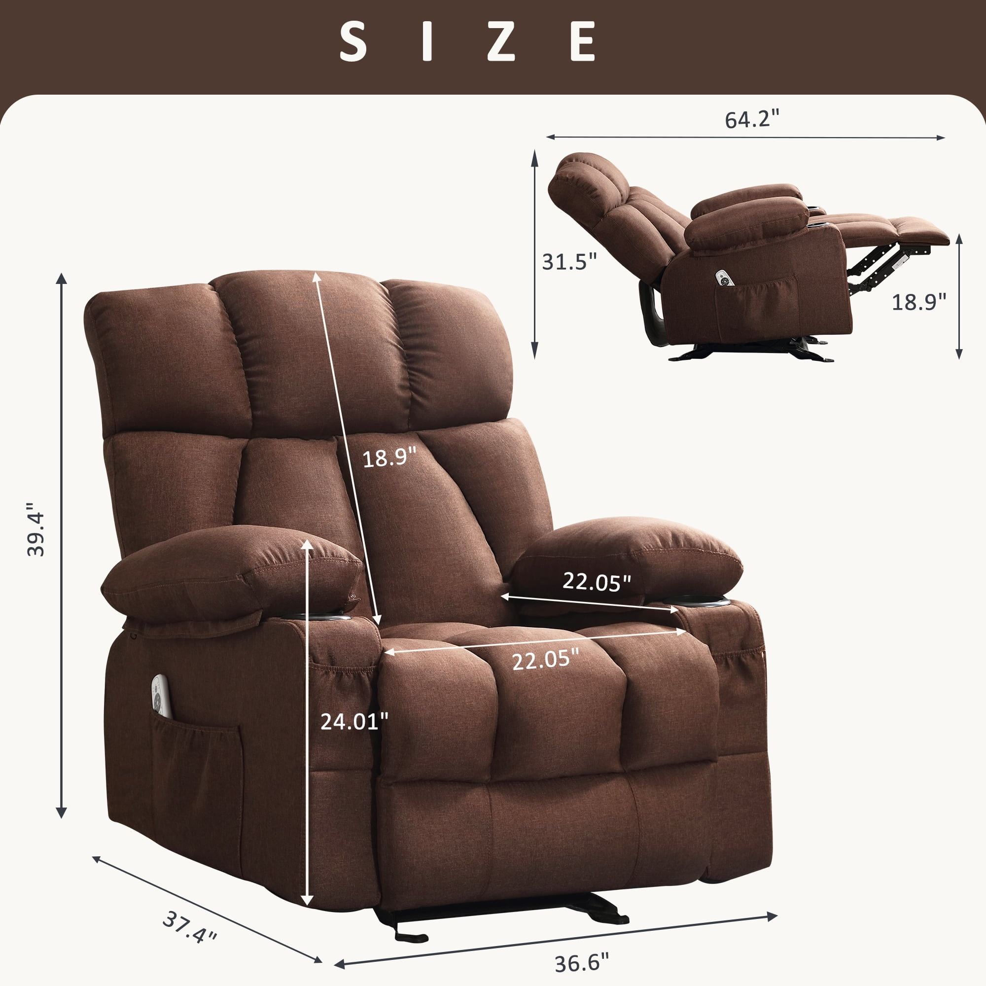 Sillón reclinable manual con terapia de calor y función de masaje, sillón de masaje con mecanismo reclinable de alta resistencia