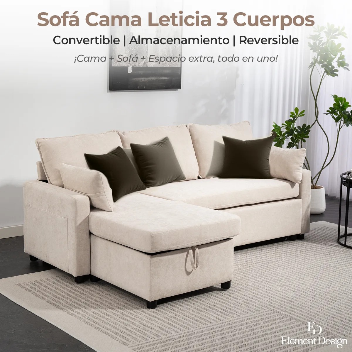 Sofá Cama Leticia Seccionals con Almacenamiento Oculto - Beige