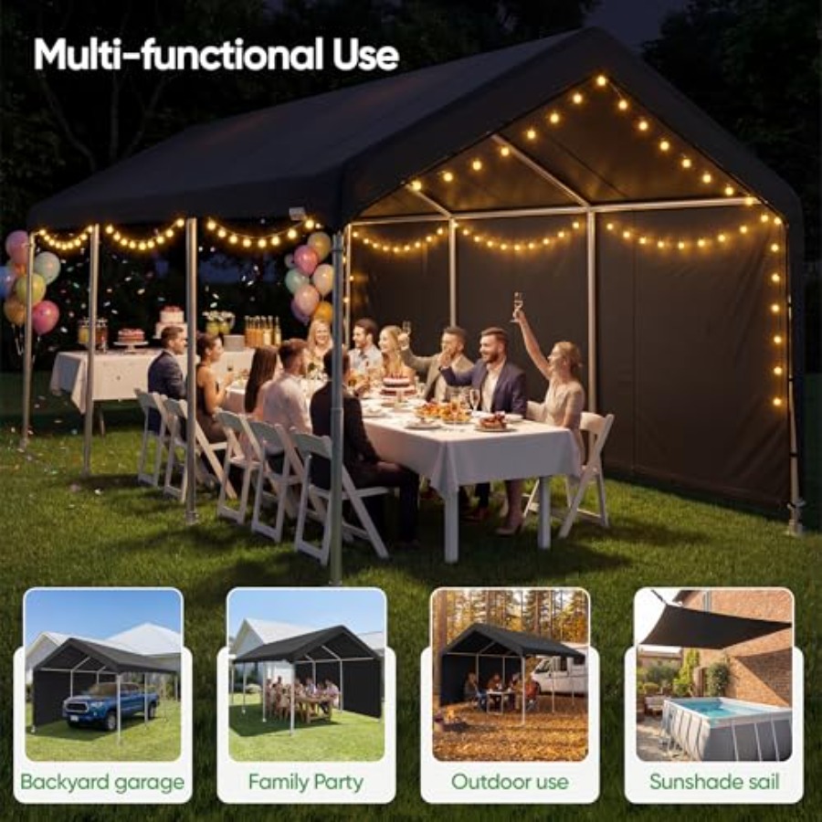 Carport canopy cover for outdoor vehicle shelter 500D black polyester waterproof and UV-resistant easy setup includes sidewall