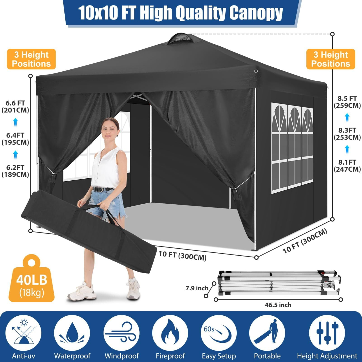 Carpa plegable impermeable de 10 x 10 con 4 paredes laterales para eventos al aire libre