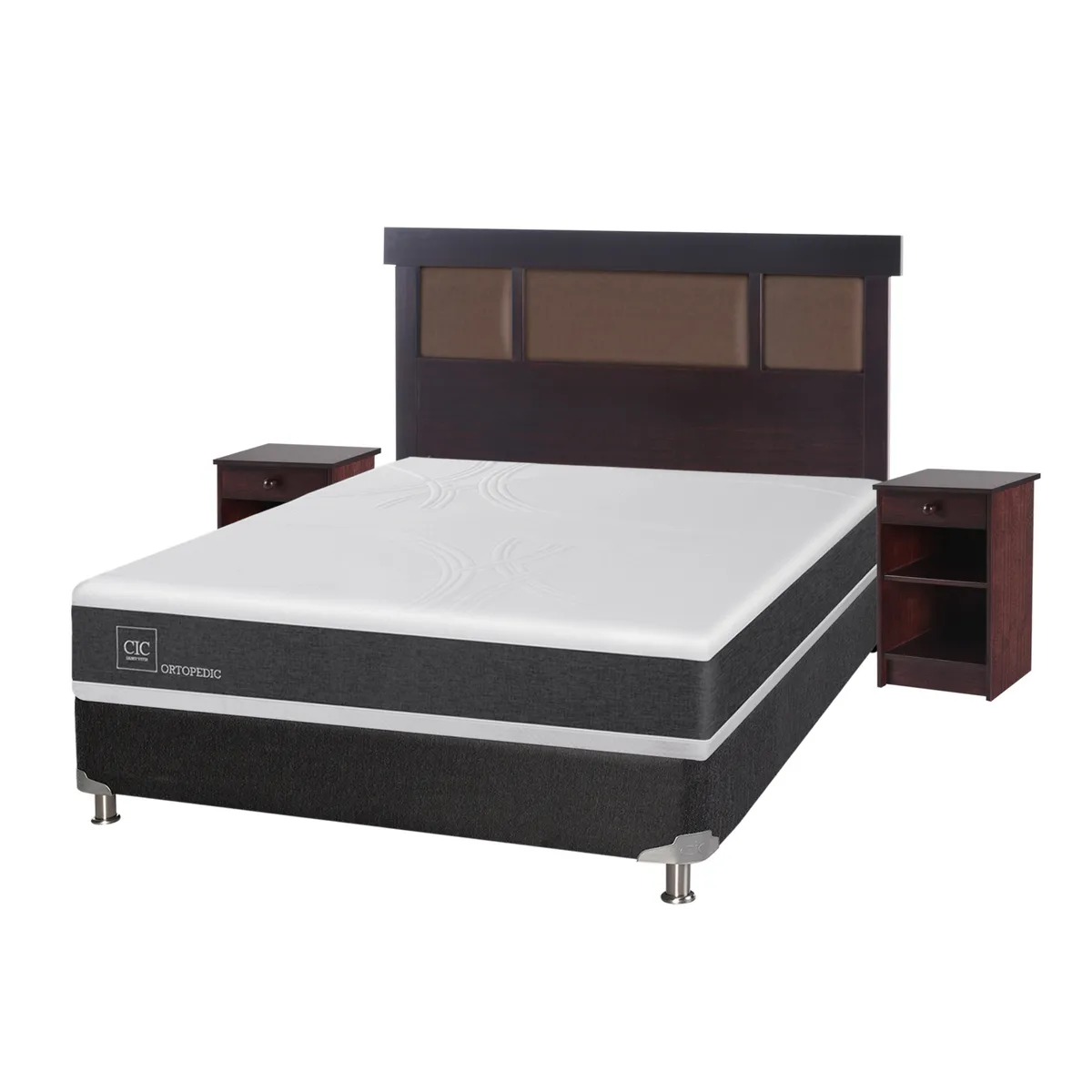 Box Spring Ortopedic 2 Plazas x 2.00mt Base normal + Respaldo + 2 Veladores Cic