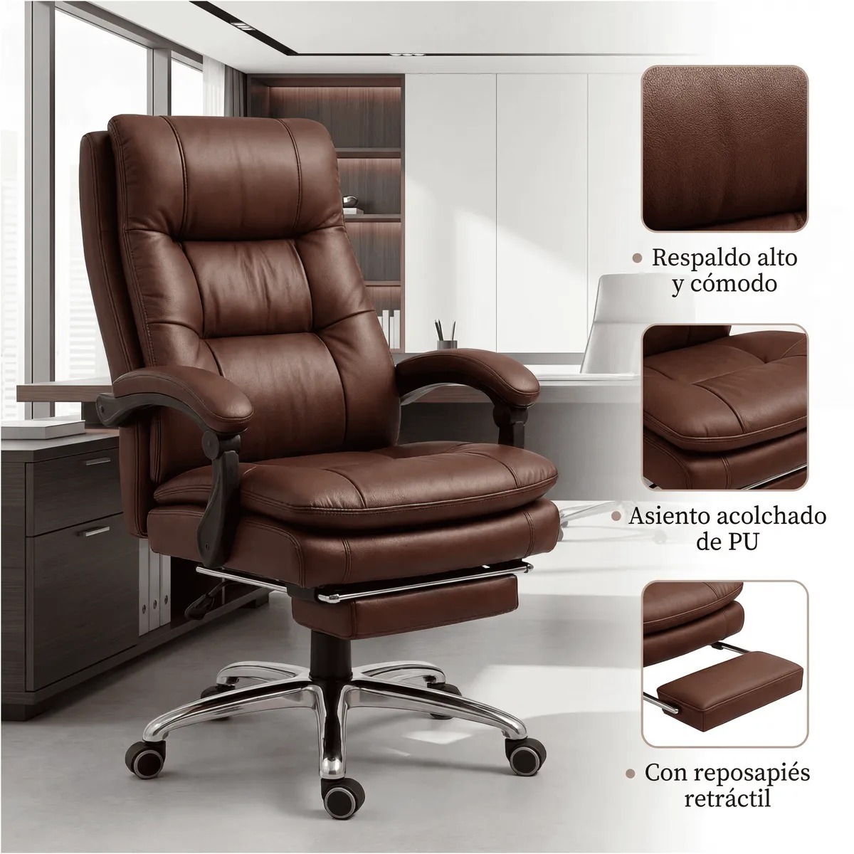 Silla Oficina Gerencial Asiento De Cuero Pata Acero Premium
