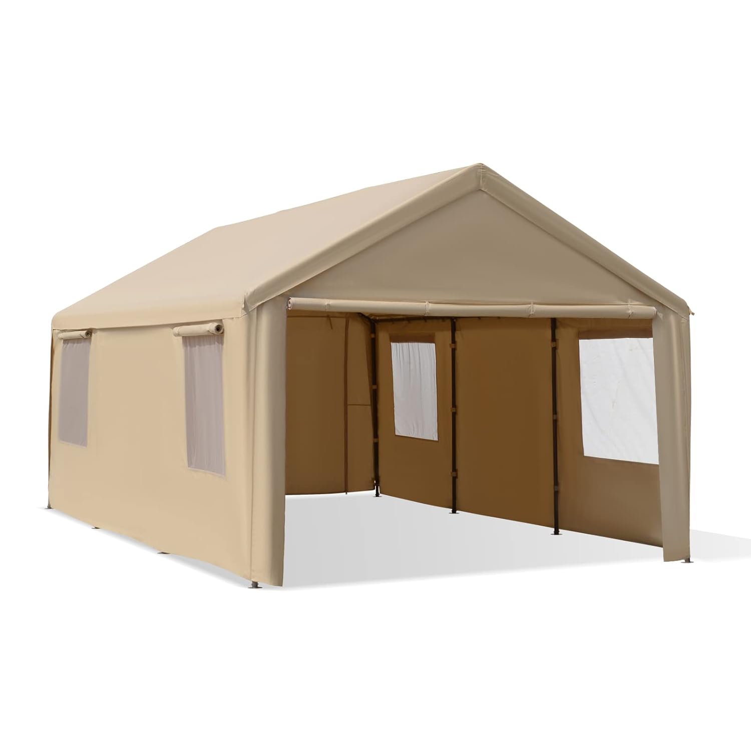 Gardesol Carport, 12'x20' extra grande y resistente con ventanas enrollables ventiladas, garaje portátil con paredes laterales y puertas extraíbles para coche, camión, SUV, toldo para coche con lona para todas las estaciones, color beige
