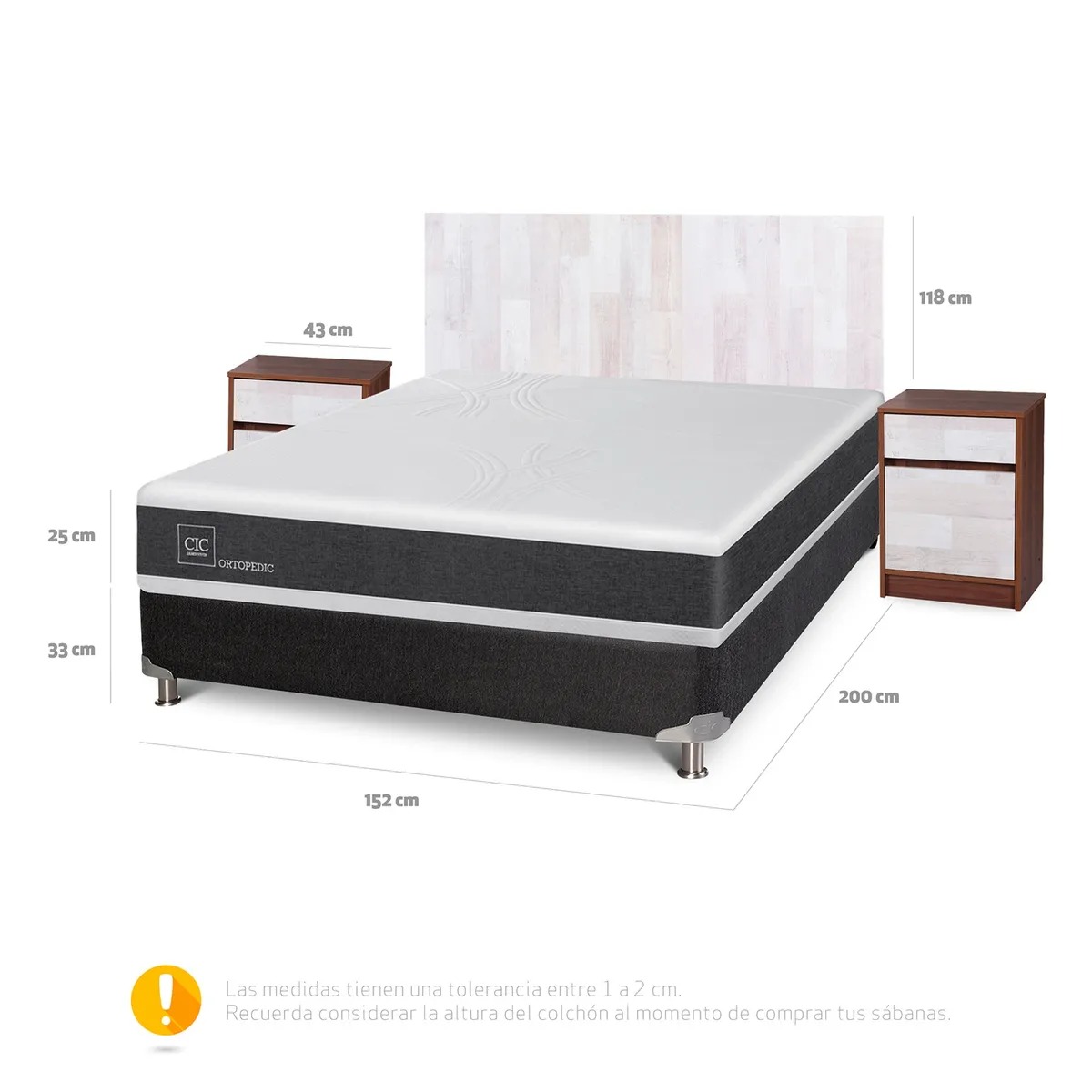 Box Spring Ortopedic 2 Plazas x 2.00mt Base normal + Respaldo + 2 Veladores Cic