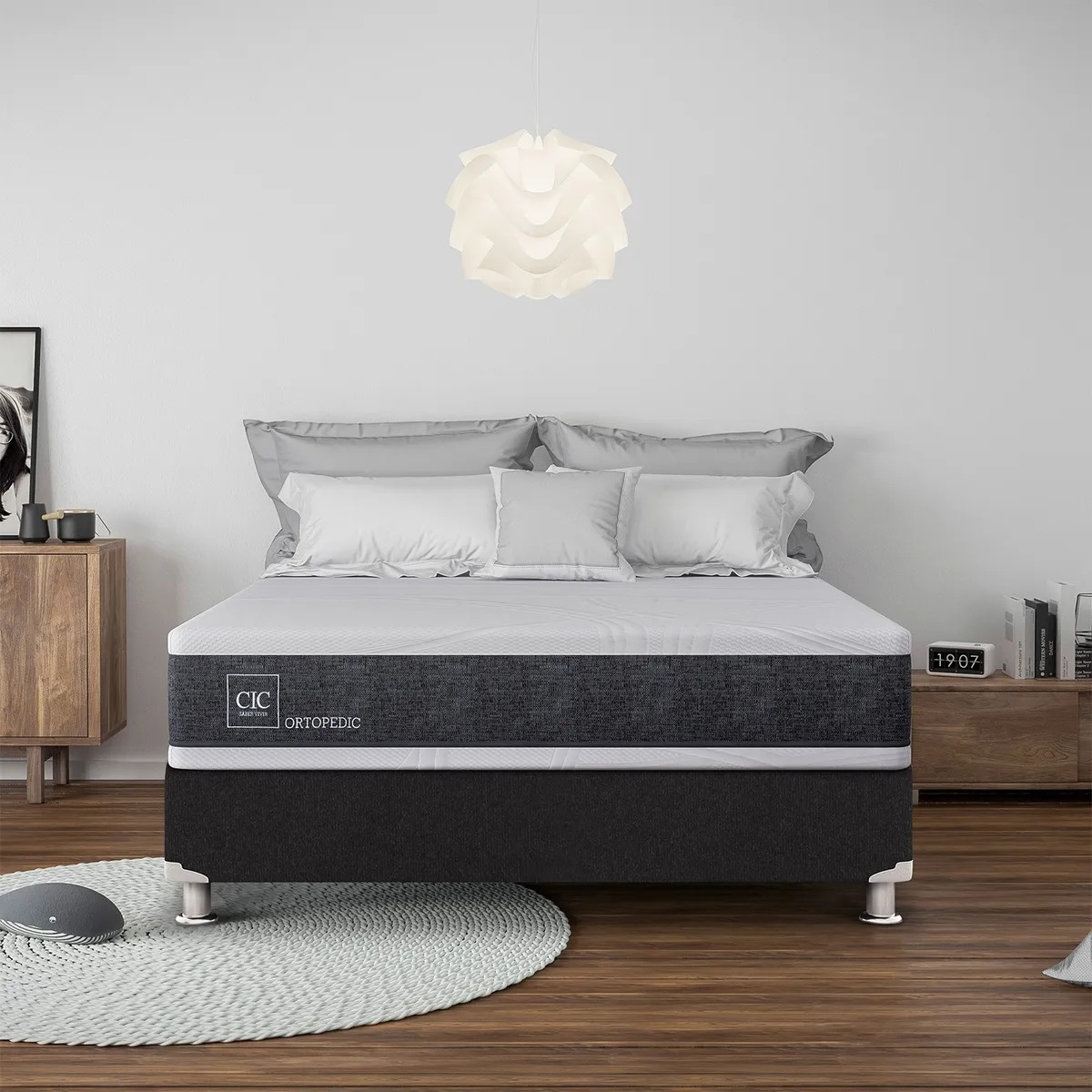 Box Spring Ortopedic 2 Plazas x 2.00mt Base normal + Respaldo + 2 Veladores Cic