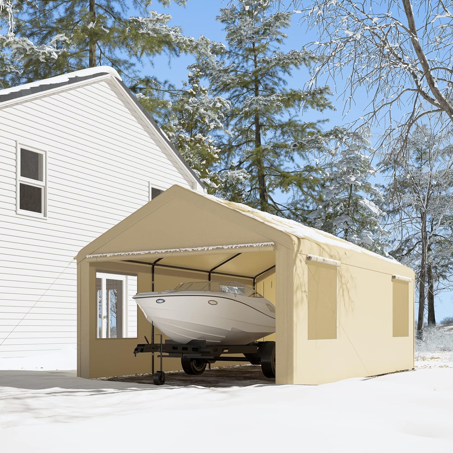 Gardesol Carport, 12'x20' extra grande y resistente con ventanas enrollables ventiladas, garaje portátil con paredes laterales y puertas extraíbles para coche, camión, SUV, toldo para coche con lona para todas las estaciones, color beige