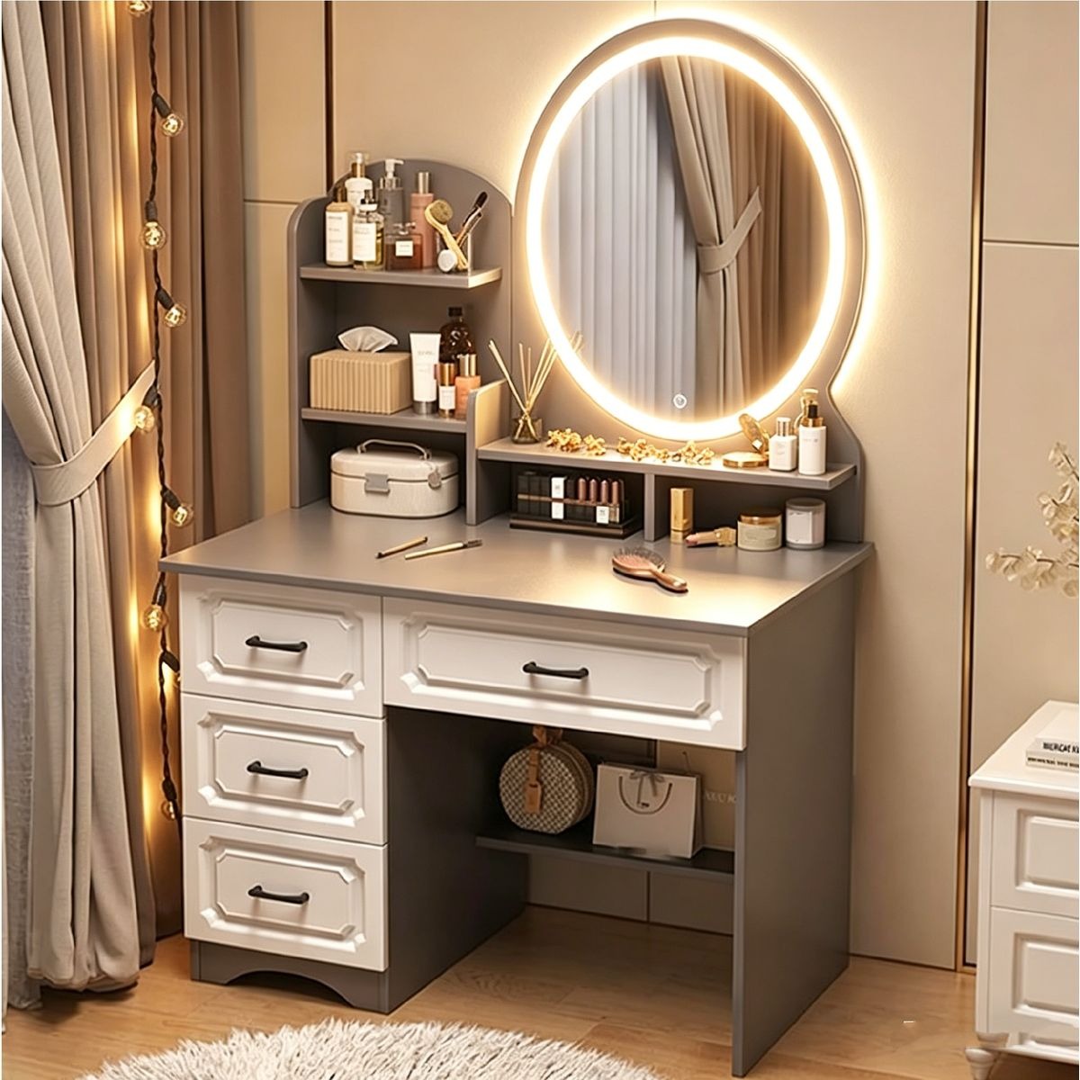 Tocador con cuatro cajones 80×40×137cm gris claro espejo redondo+luz LED