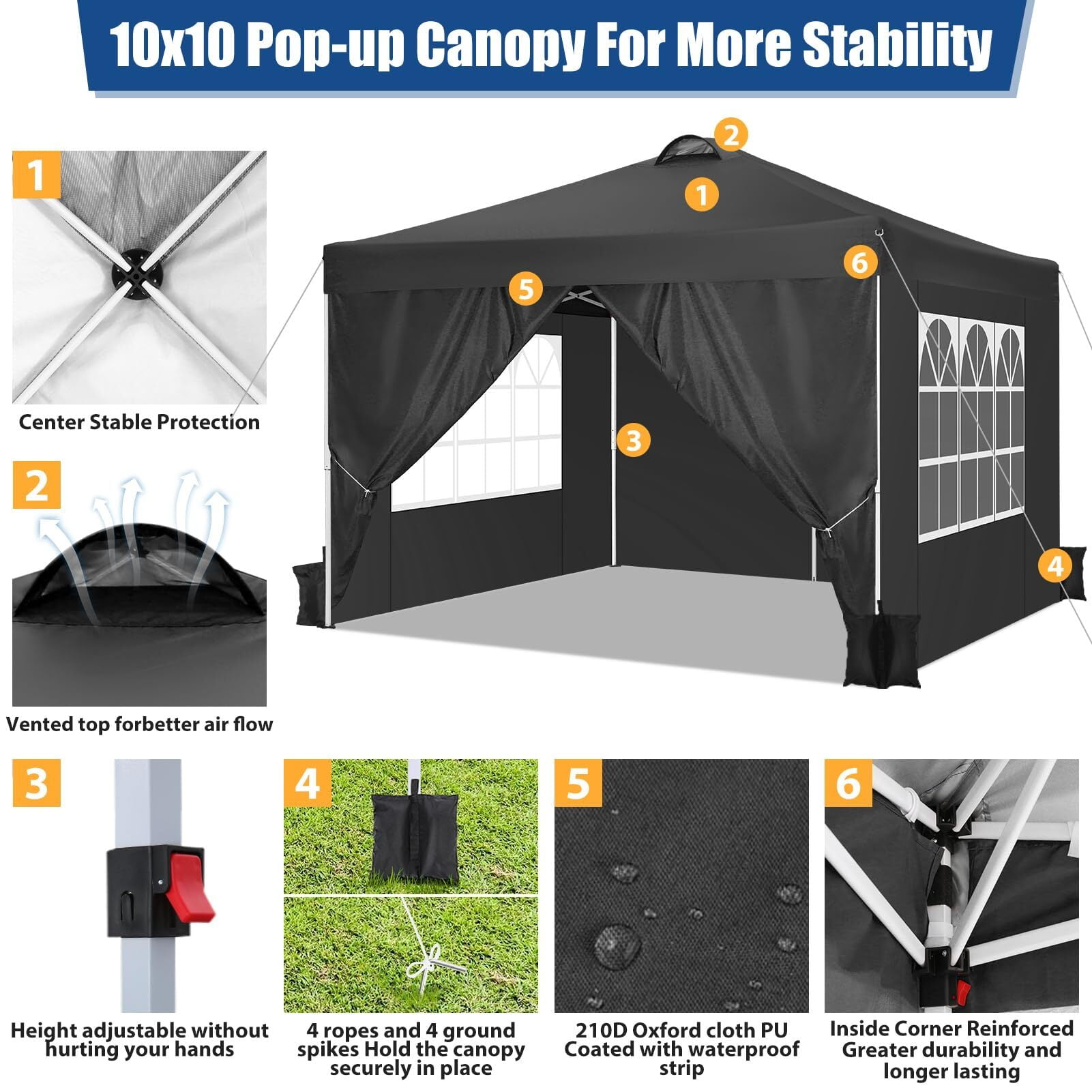 Carpa plegable impermeable de 10 x 10 con 4 paredes laterales para eventos al aire libre