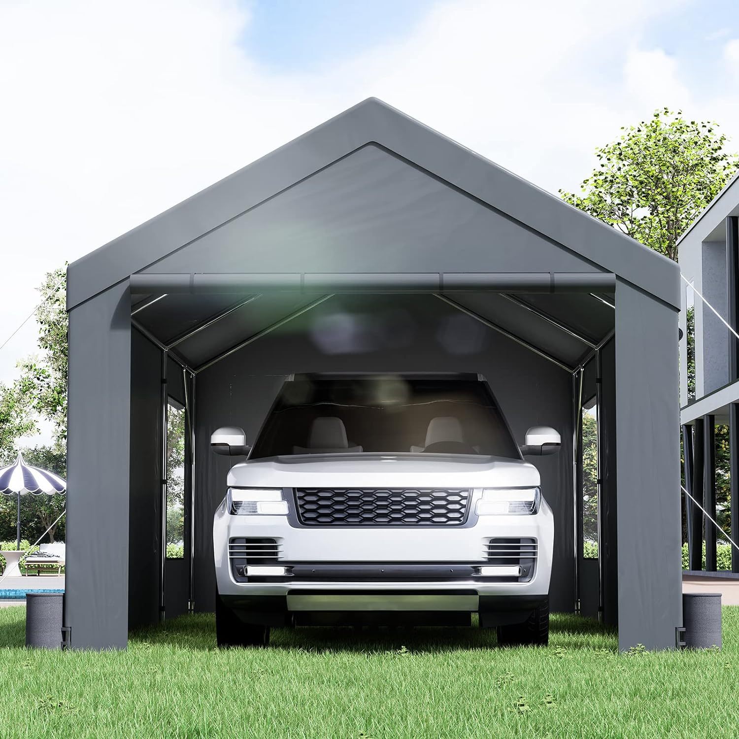 Carport - Toldo de Acero Resistente de 10 x 20 pies, cochera portátil con 4 Bolsas de Arena, Ventanas ventiladas enrollables y Pared Lateral extraíble, Lona para Todas Las Estaciones para