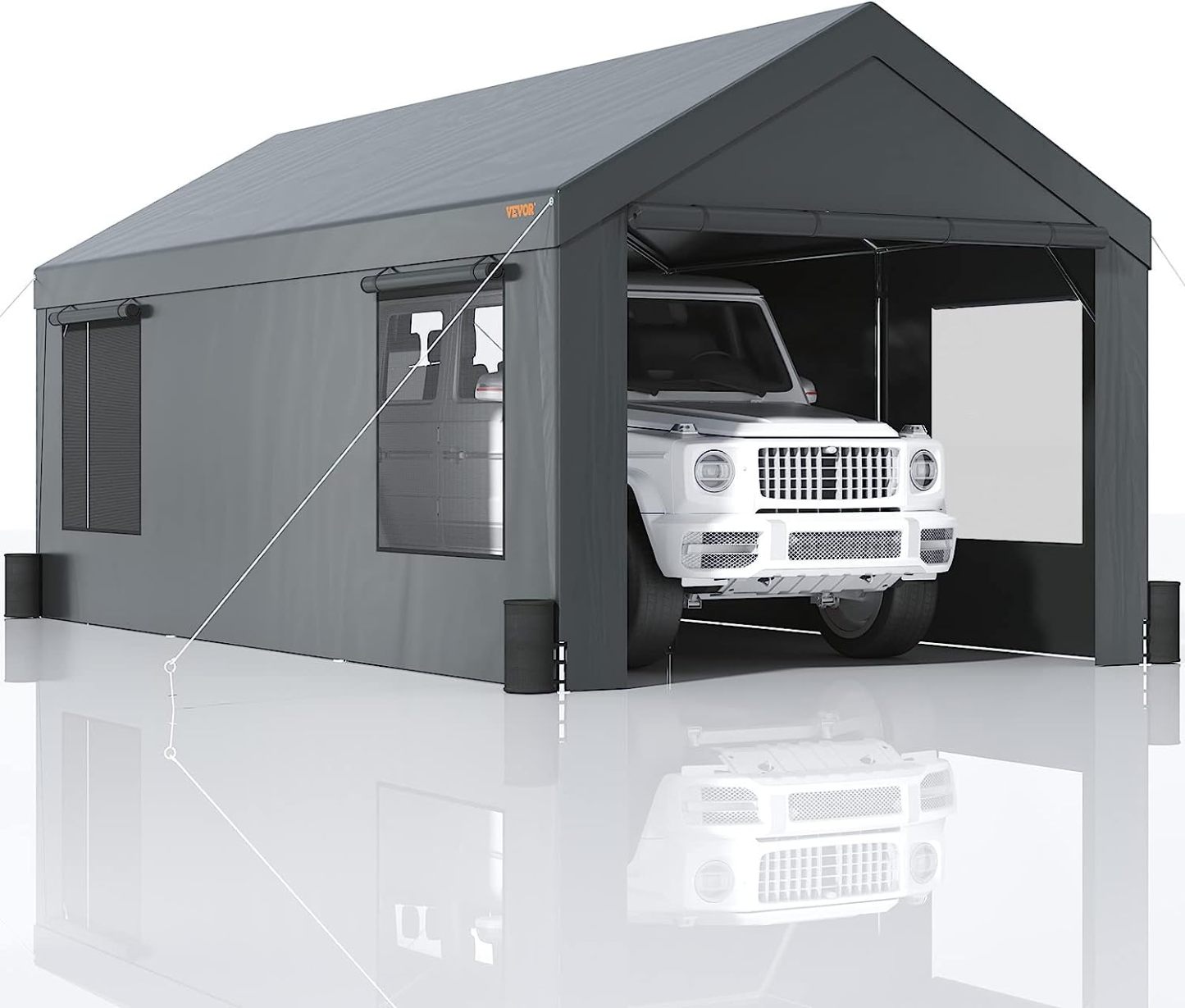 Carport - Toldo de Acero Resistente de 10 x 20 pies, cochera portátil con 4 Bolsas de Arena, Ventanas ventiladas enrollables y Pared Lateral extraíble, Lona para Todas Las Estaciones para