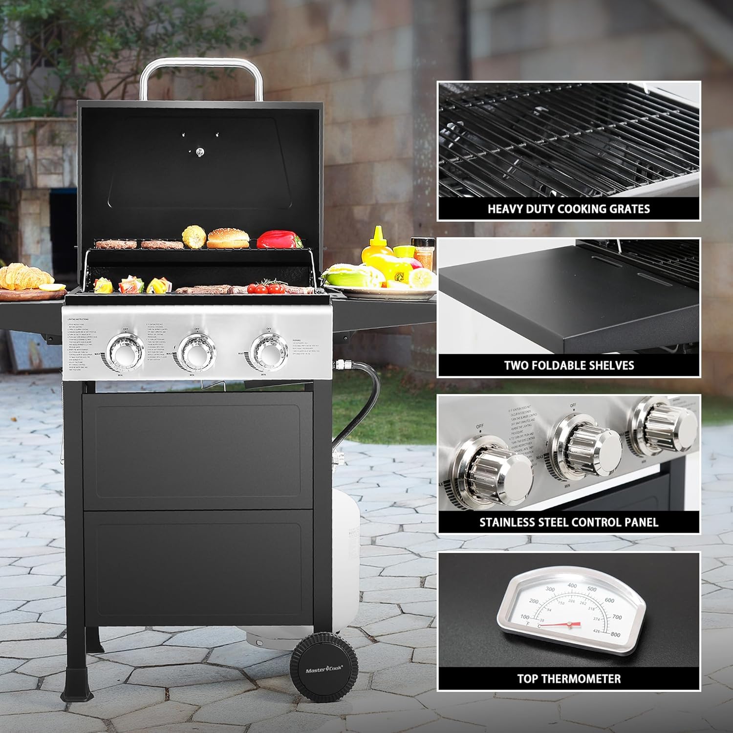 Parrilla de gas propano de 3 quemadores, acero inoxidable, 30,000 BTU, para patio, con estantes plegables
