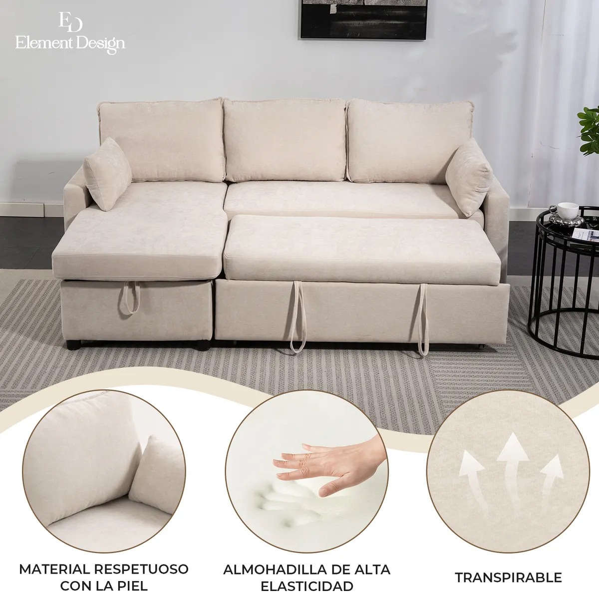 Sofá Cama Leticia Seccionals con Almacenamiento Oculto - Beige