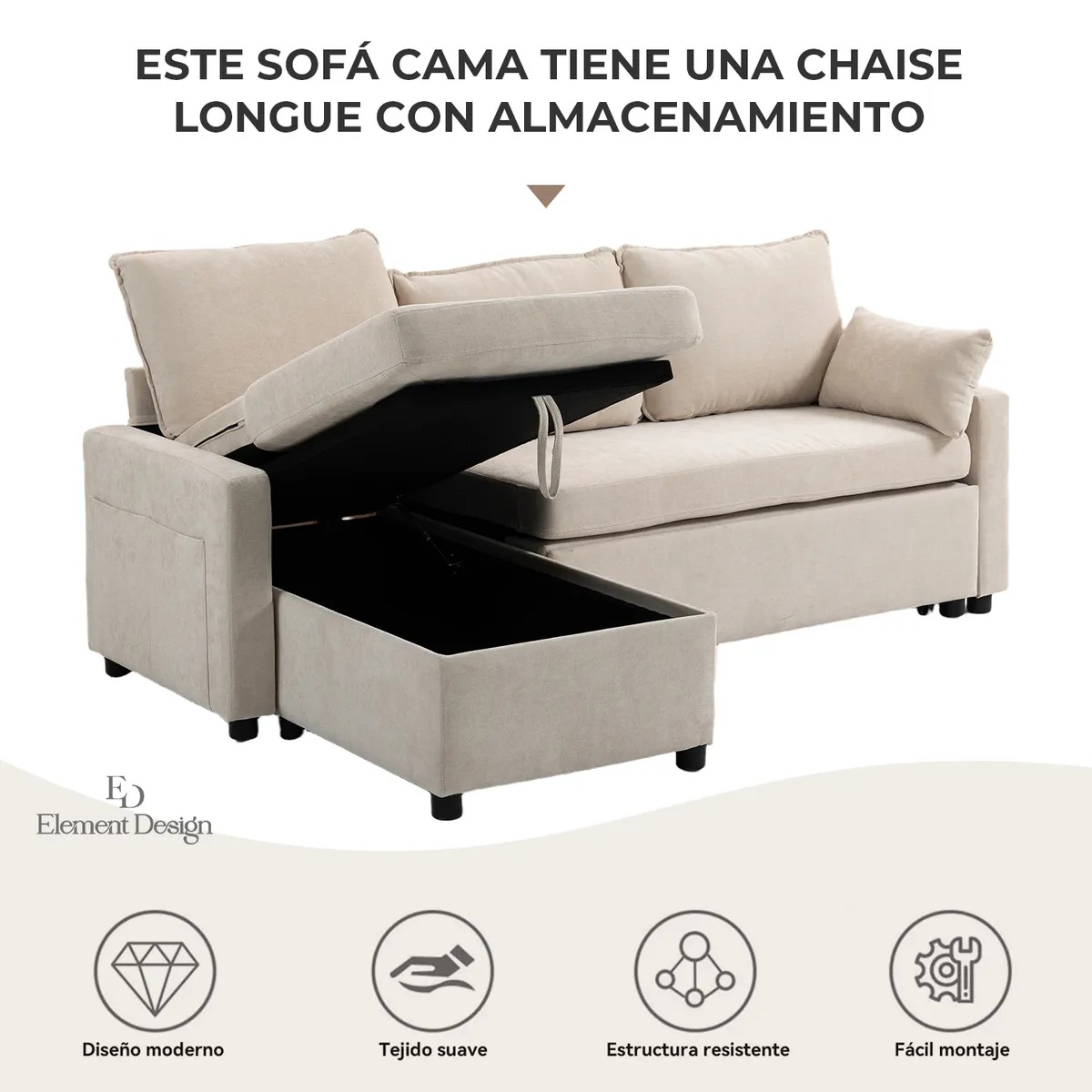 Sofá Cama Leticia Seccionals con Almacenamiento Oculto - Beige