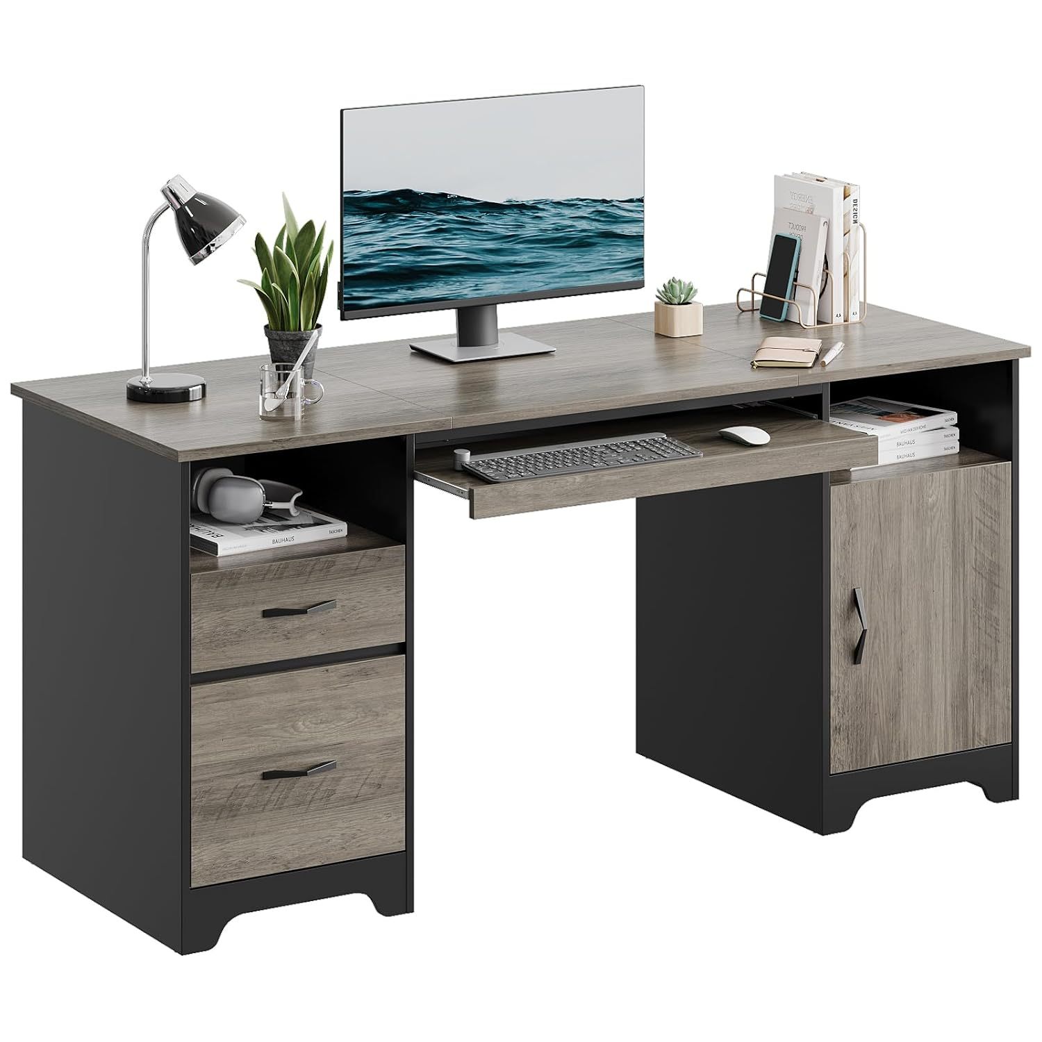 Escritorio ejecutivo industrial de madera de 59 pulgadas con 2 cajones
