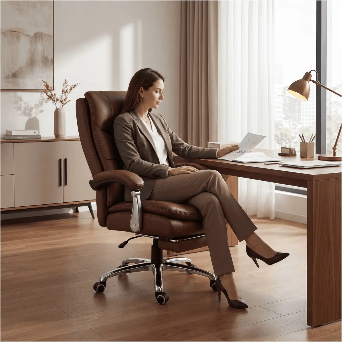 Silla Oficina Gerencial Asiento De Cuero Pata Acero Premium
