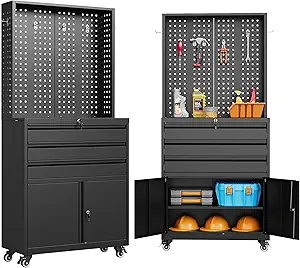 Gabinete de almacenamiento de metal con ruedas y cajones, gabinete de almacenamiento de garaje rodante con cerradura, gabinete de herramientas de metal negro con gancho
