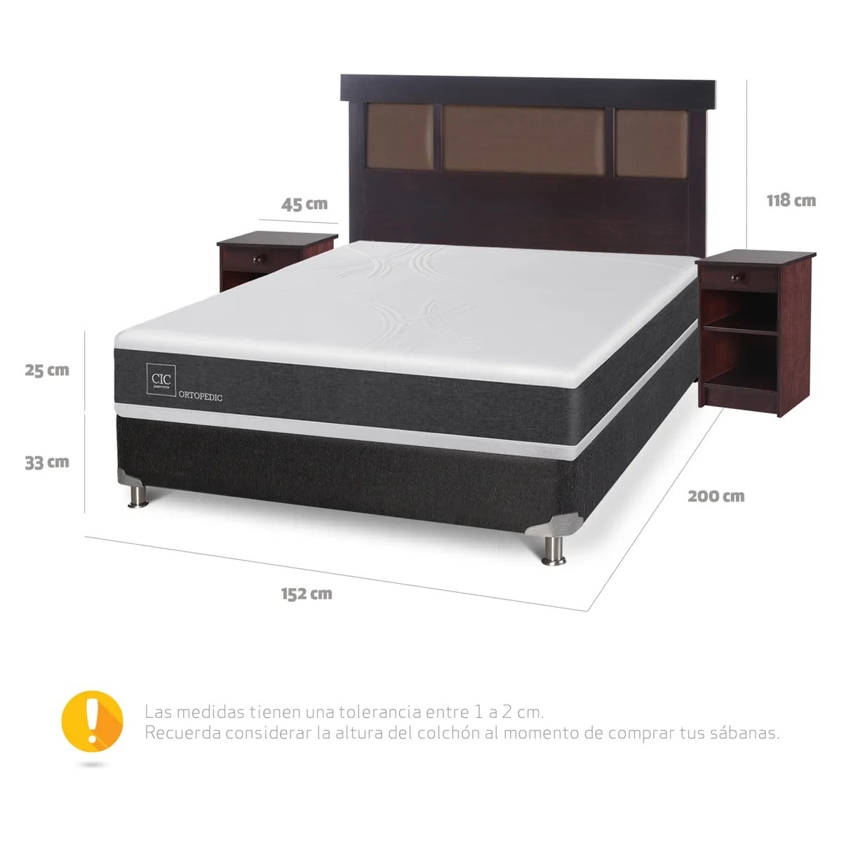Box Spring Ortopedic 2 Plazas x 2.00mt Base normal + Respaldo + 2 Veladores Cic