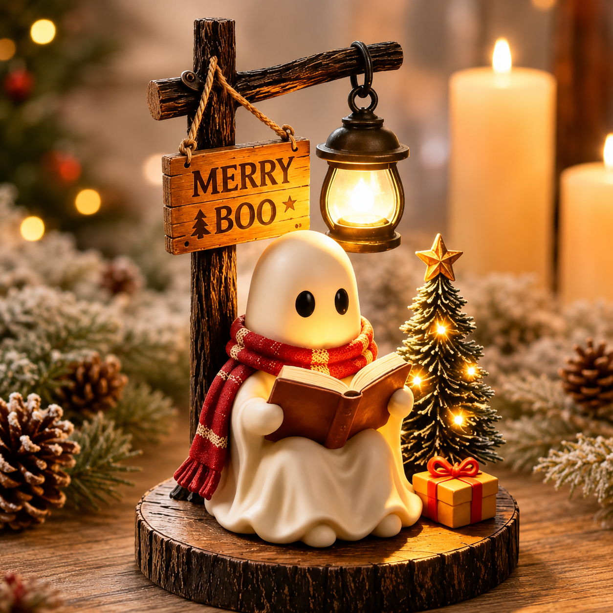 Merry Boo Christmas Ghost Reading Figurine With Lantern