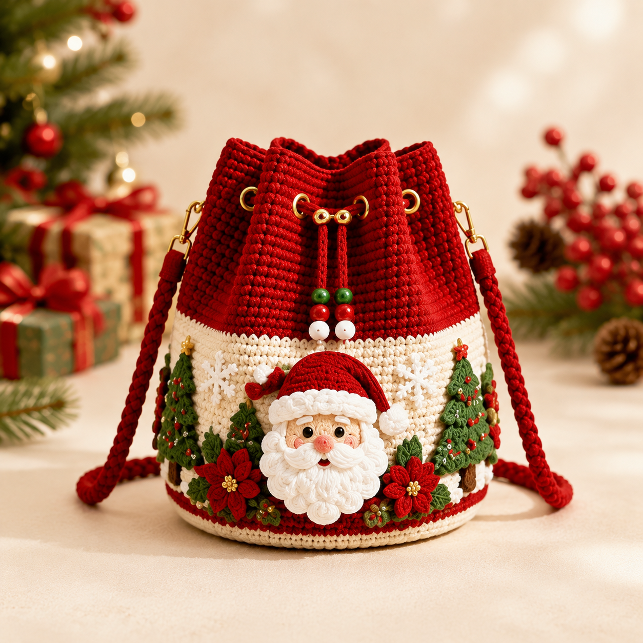 Red and cream Santa Claus crochet bag with trees and poinsettias