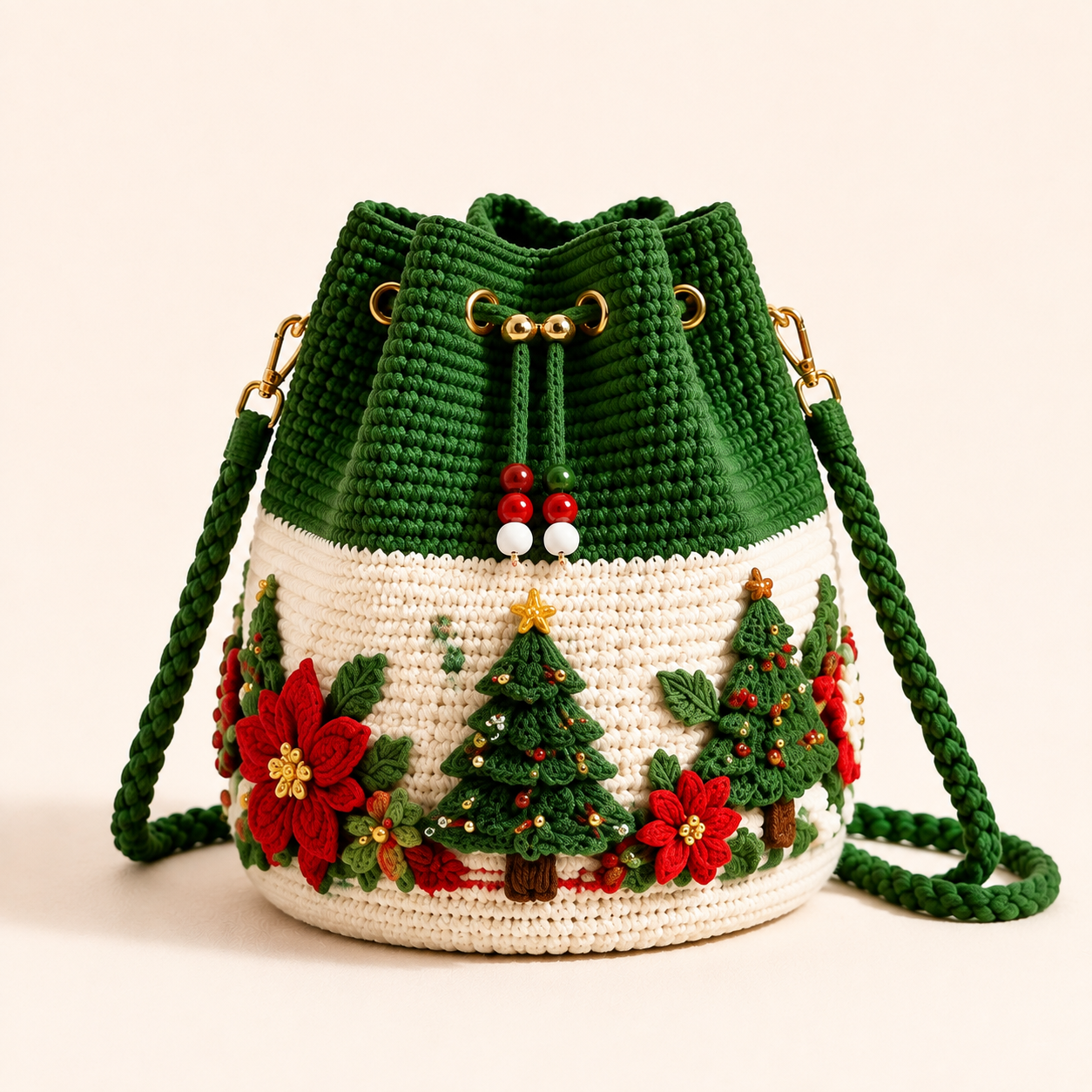 Green and cream Christmas Tree and Poinsettia crochet bucket bag
