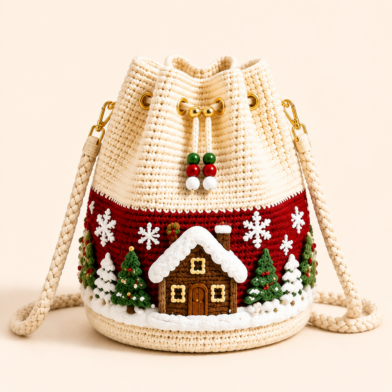 Cream and red Gingerbread House crochet bag with snowy cottage and snowflakes